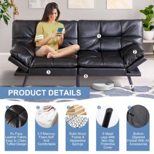 MUUEGM Futon Sofa Couch Bed,Convertible Memory Foam Modern Faux Leather Adjustable Backrest Armrests Sleeper Loveseat for Living Room,Office,Apartment,Small Space,71" Sofabed, Light Black