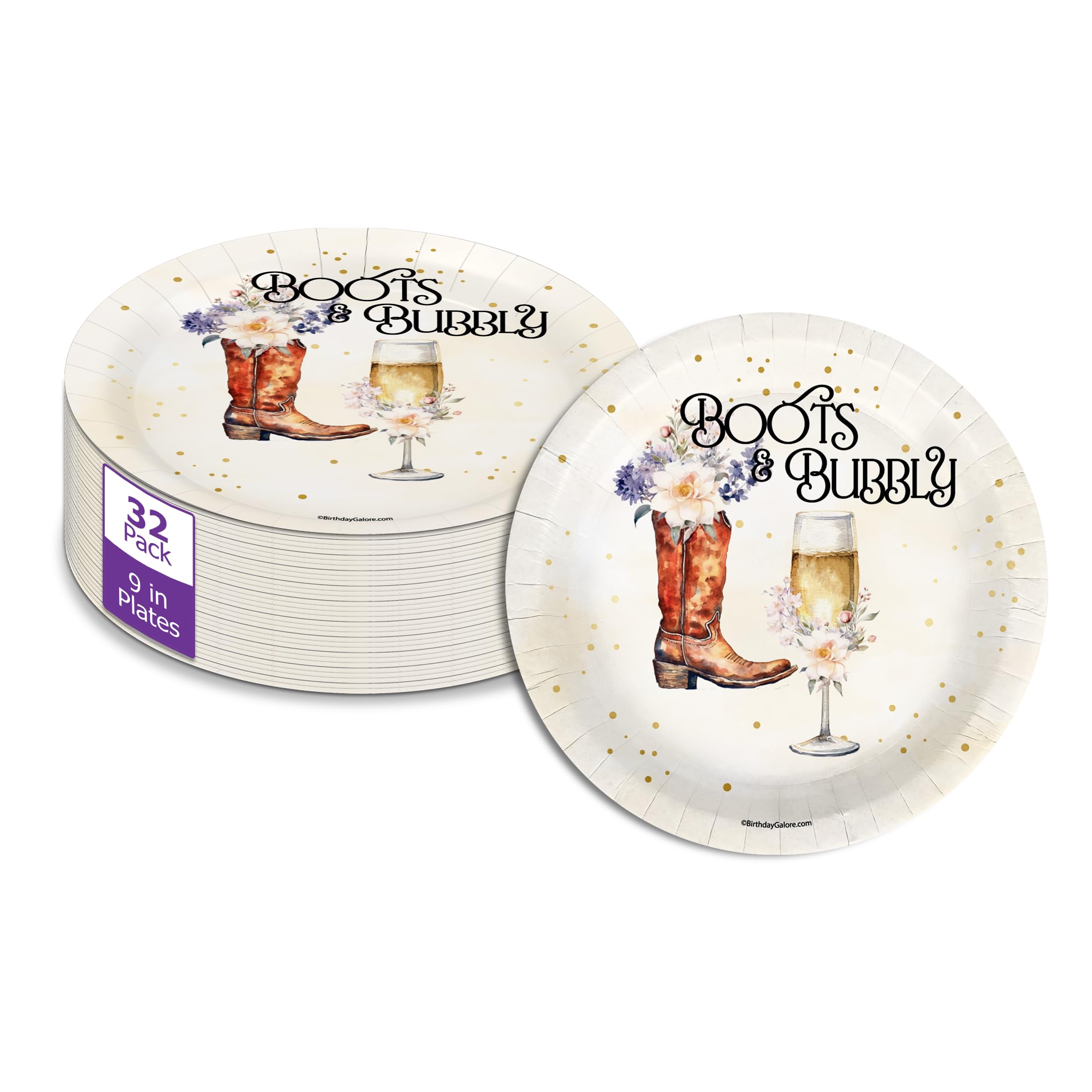 Birthday Galore Boots and Bubbly Bridal Shower Party Supplies Large 9" Paper Plates in Bulk 32 Piece