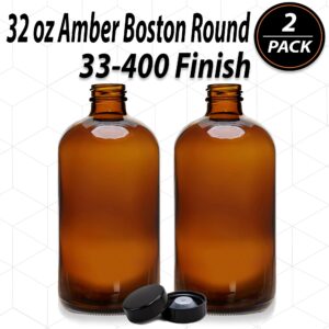 (2 Pack) - 32 oz Amber Glass Boston Round Bottles with Black 33-400 Airtight Phenolic Polycone Caps - Perfect Glass Containers for Secondary Fermentation, Storing condiment, Homemade Essential Oils