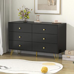 Tradare Black Dresser for Bedroom, 6 Drawer Dresser with Golden Handles, Large Storage Cabinet, Modern Chest of Drawers Organizer Storage for Hallyway, Entryway