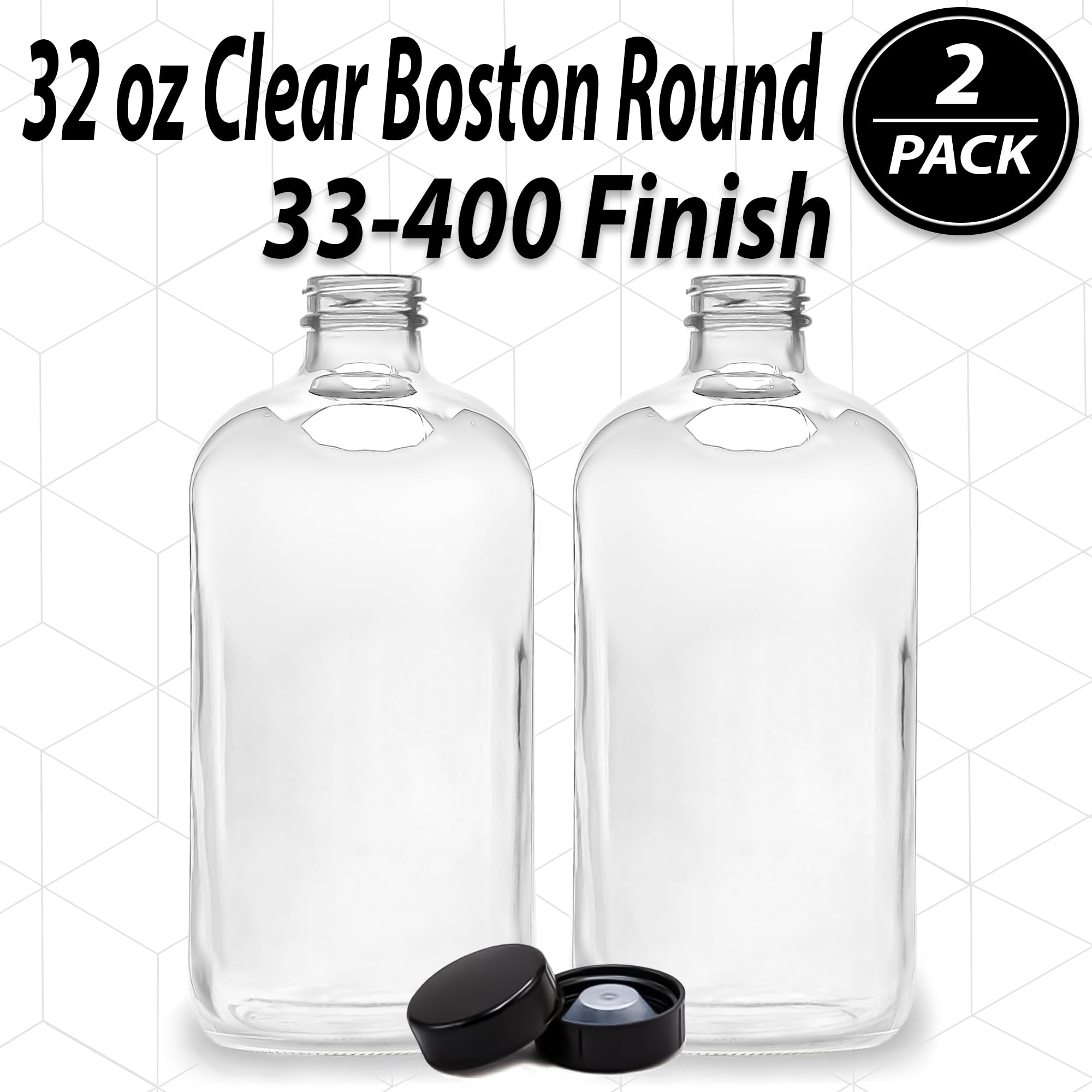 (2 Pack) - 32 oz Clear Glass Boston Round Bottles with Black 33-400 Airtight Phenolic Polycone Caps - Perfect Glass Containers for Secondary Fermentation, Storing condiment, Homemade Essential Oils