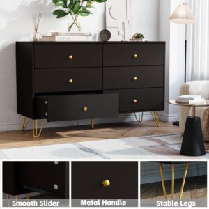 Tradare Black Dresser for Bedroom, 6 Drawer Dresser with Golden Handles, Large Storage Cabinet, Modern Chest of Drawers Organizer Storage for Hallyway, Entryway