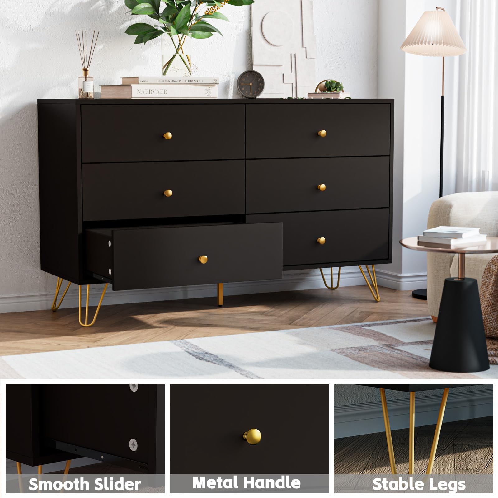 Tradare Black Dresser for Bedroom, 6 Drawer Dresser with Golden Handles, Large Storage Cabinet, Modern Chest of Drawers Organizer Storage for Hallyway, Entryway