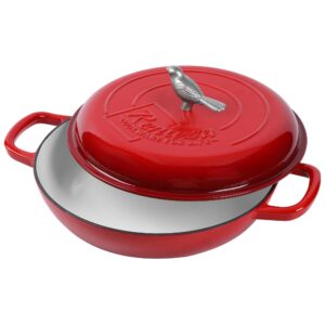 3.5 Qt Enameled Cast Iron Braiser Pan with Lid - With Customizable Knobs & Silicone Heat Grippers - Dutch Oven Cast Iron for Stir Fry & Baking - Braising Pan with Lid Oven Safe Upto 500F