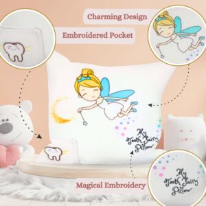 Liv & Oak Tooth Fairy Pillow - Large 10” x 10” Plush Pillow W/3” x 3” Embroidered Pocket for Lost Teeth - Fairy Design, Non-Toxic 100% Polyester - Perfect Keepsake Gift for Boys & Girls