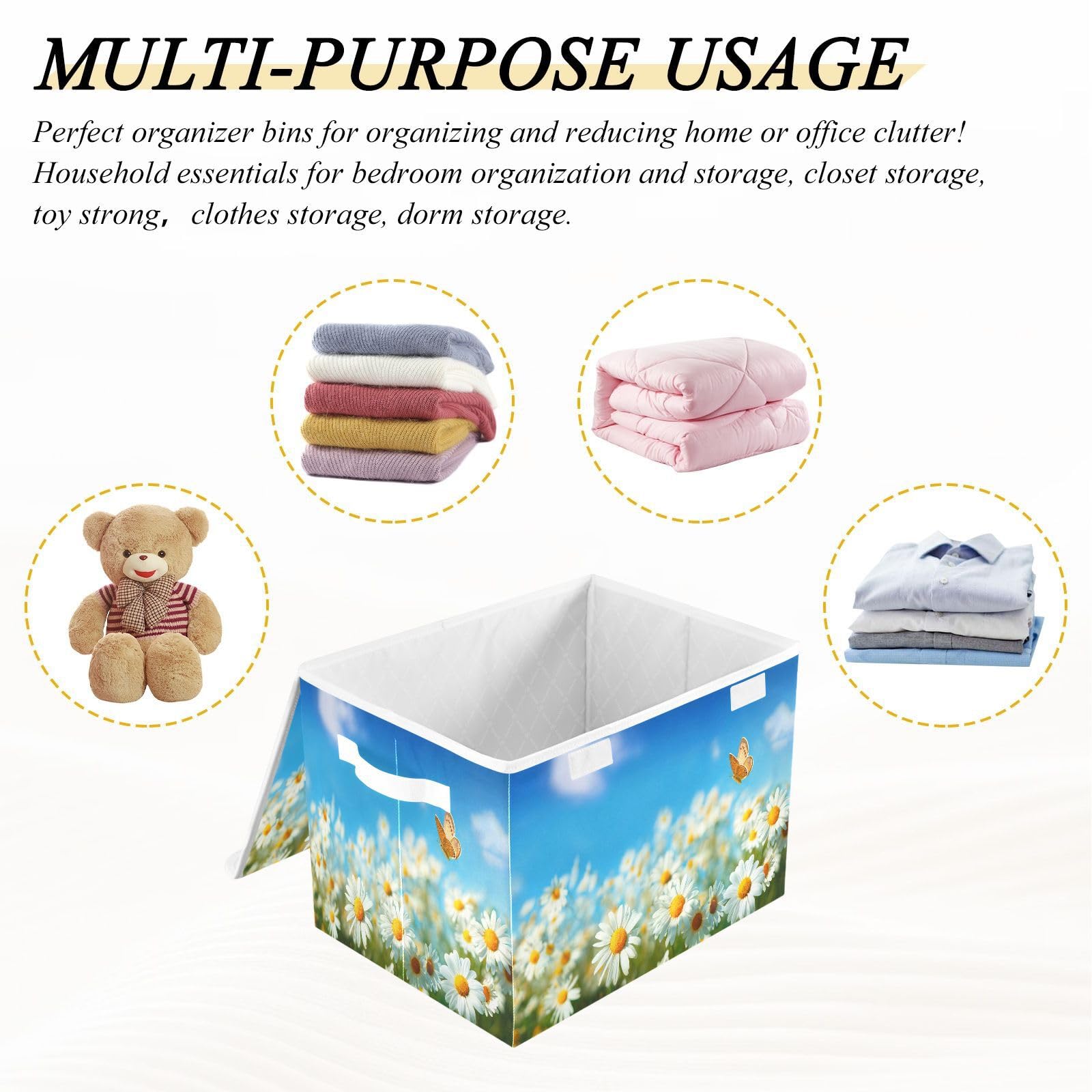 DIGTIA Storage Bins with Lids Daisies Flowers Butterfly Foldable Storage Boxes with Handles Spring Summer Landscape Large Storage Basket Collapsible Organizer Containers for Closet Home Bedroom Offi