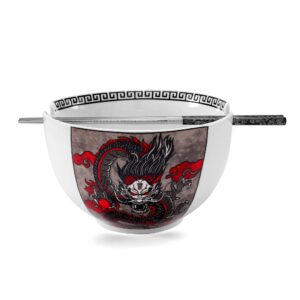 hagary dragon ramen bowl with chopsticks ceramic bowl stainless steel chopsticks japanese style udon miso noodle soup bowls housewarming wedding gifts designed in korea (black, 30oz)