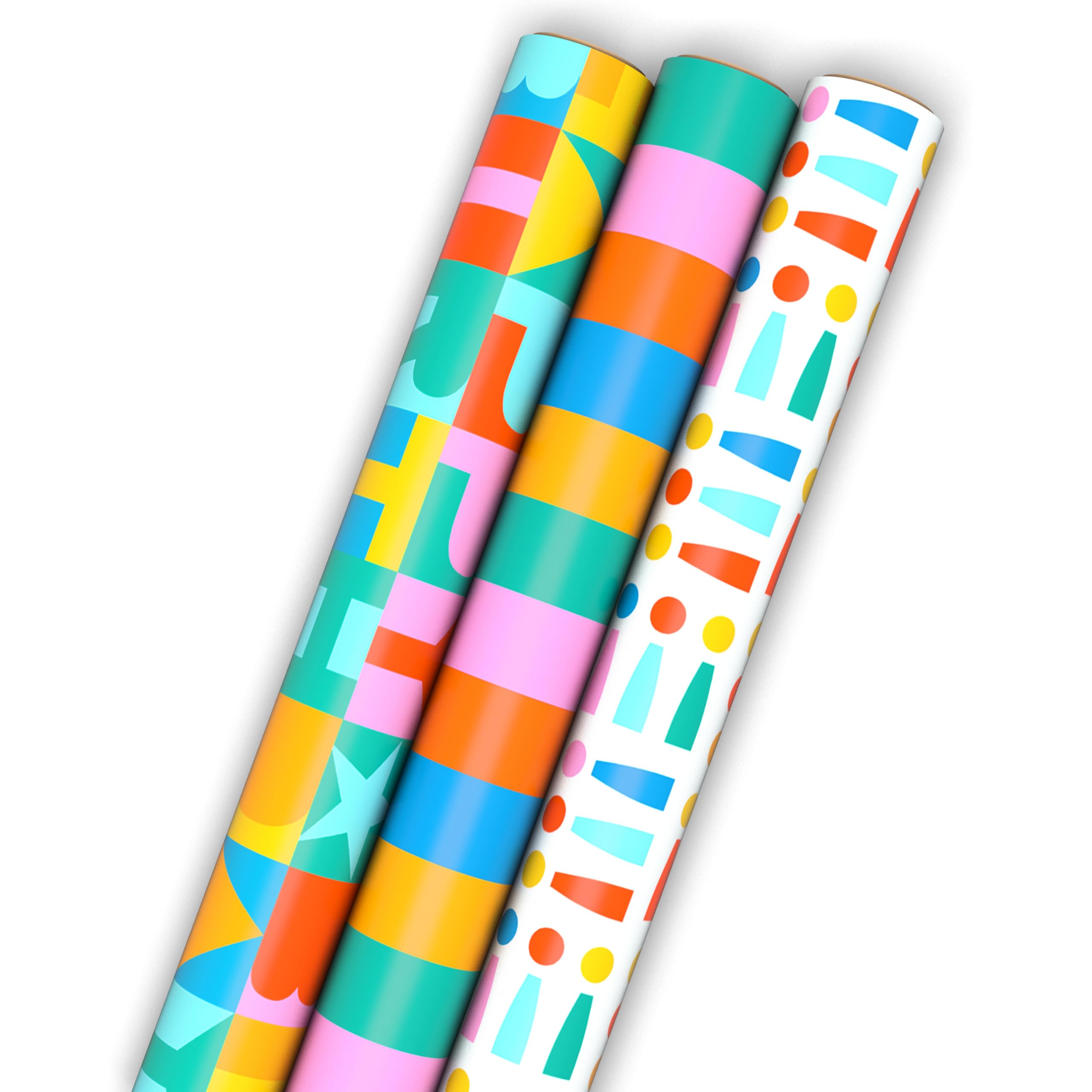 Hallmark Birthday Wrapping Paper Mini Rolls, 3-Pack (Rainbow Block Letters, Stripes, Exclamation Points) for Birthdays, Graduations, Celebrations, Any Occasion - 45 Sq. Ft. Total