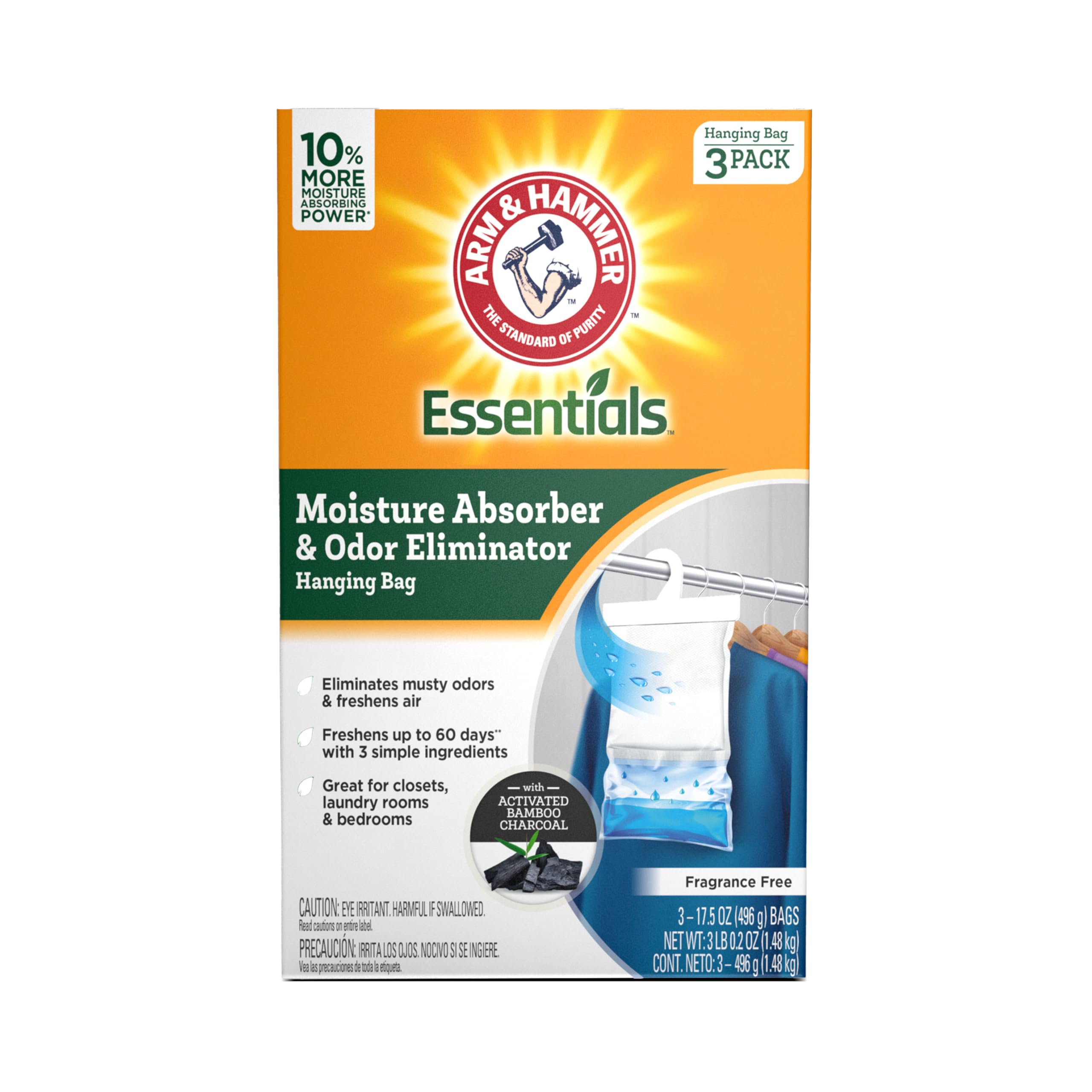 Arm & Hammer Essentials Hanging Moisture Absorber and Odor Eliminator, 17.5 oz., 3 Pack, Fragrance Free, Moisture Absorbers for Closets, Laundry Rooms and Bedrooms, Long-Lasting Freshness