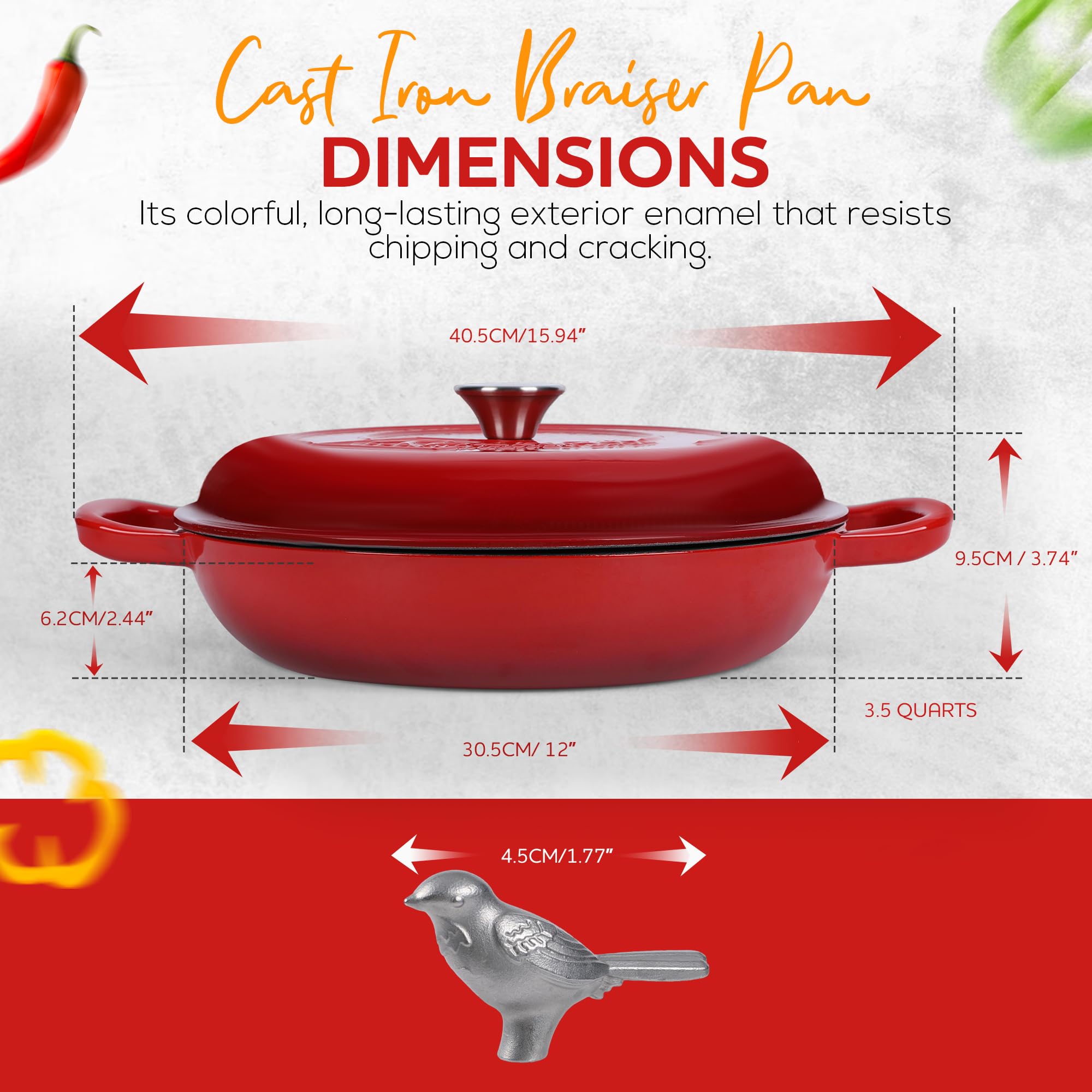 3.5 Qt Enameled Cast Iron Braiser Pan with Lid - With Customizable Knobs & Silicone Heat Grippers - Dutch Oven Cast Iron for Stir Fry & Baking - Braising Pan with Lid Oven Safe Upto 500F