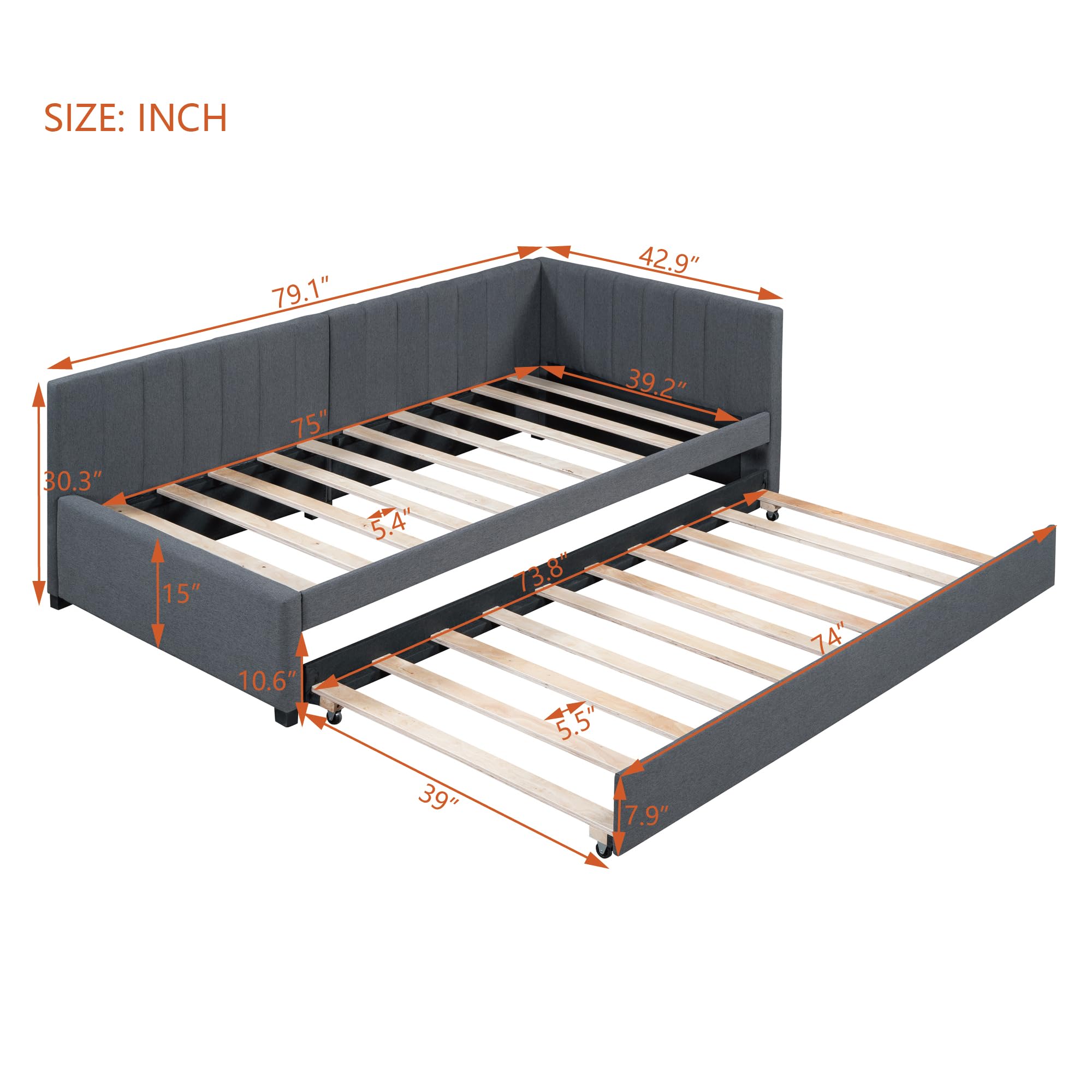 Merax Twin Size Upholstered Daybed with Trundle Wooden Sofa Bed Frame for Living, Guest, Children's Room, No Box Spring Needed, Easy Assembly, Gray