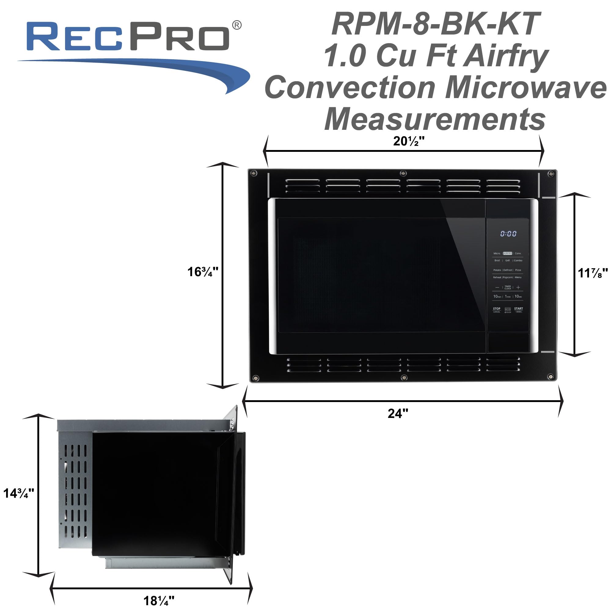 RecPro RV Kitchen Air Fryer & Convection Microwave with Trim Kit | 1.0 Cu. Ft. | 120V | 6 Cooking Modes (Black)