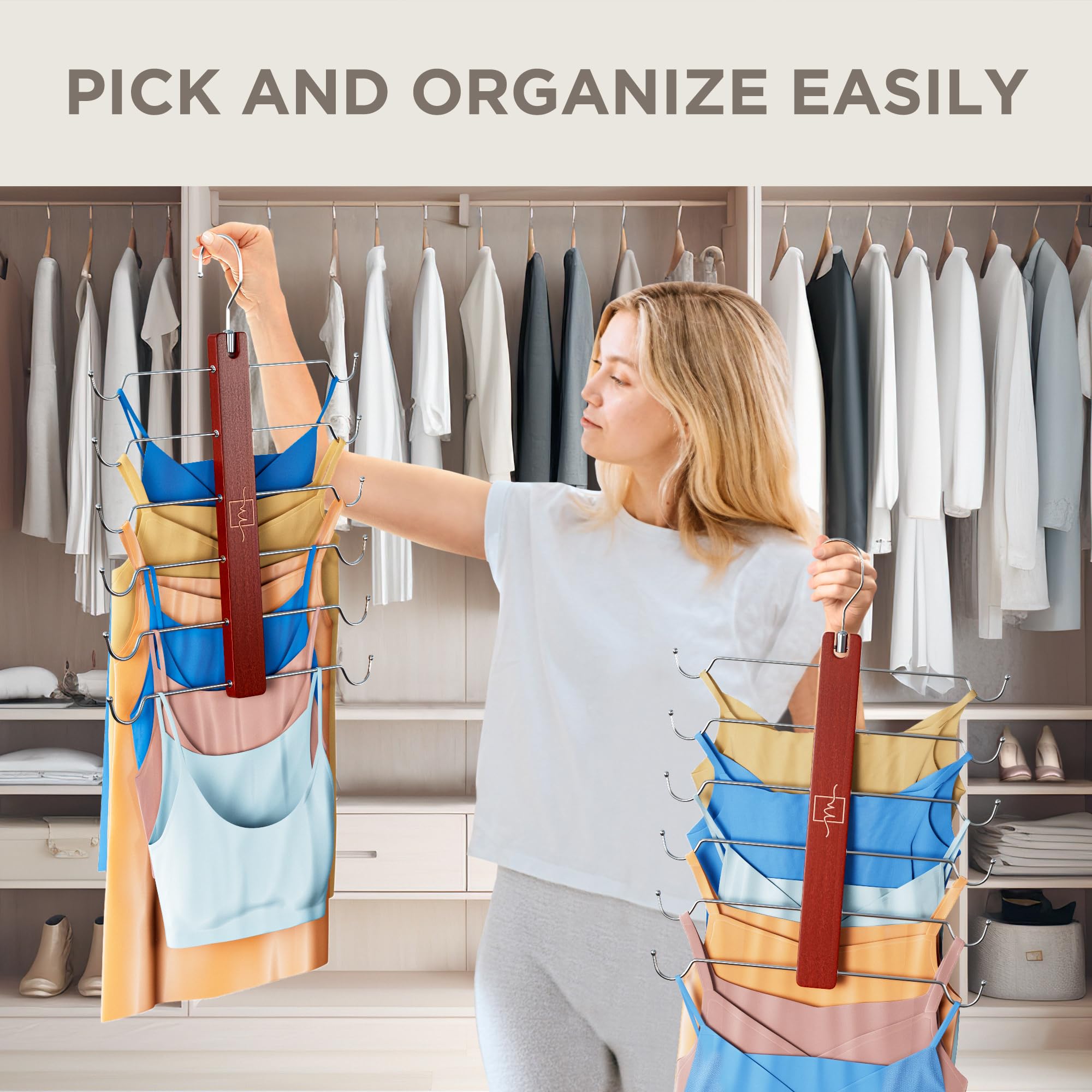 MORALVE European Beechwood Tank Top Hangers - 2 Pack - Space Saving Sports Bra Hanger for Closet - Cami Hanger Space Saving Tank Top Organizer - Closet Bra Hanger - Space Saving Hanging Bra Organizer