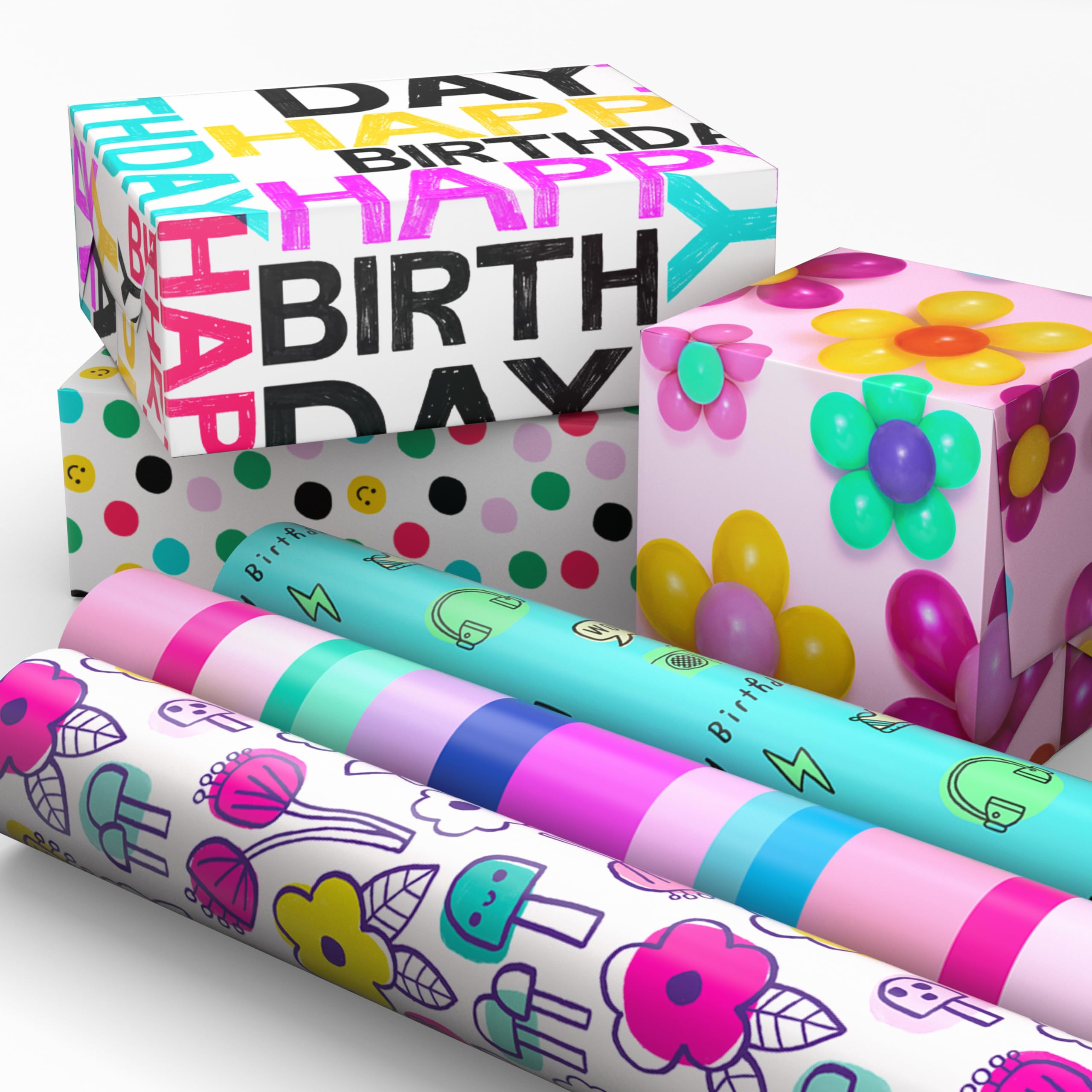 Hallmark Birthday Wrapping Paper Rolls - Flowers, Stripes, Pink, Teal and Black Polka Dots Gift Wrap Paper (Set of 6 Rolls: 180 sq. ft. ttl.)