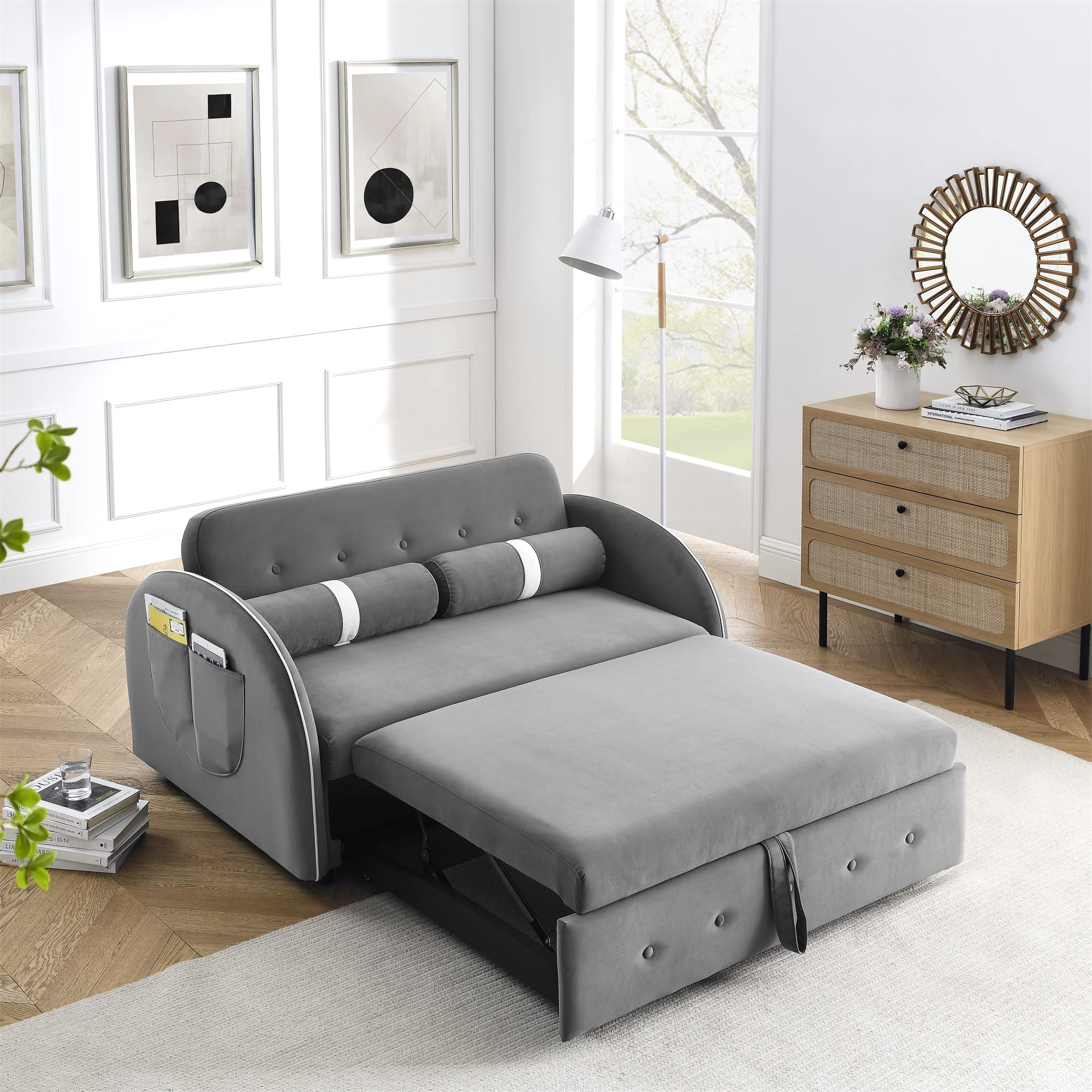 Holaki Modern 55.5" Pull Out Sleep Sofa Bed 2 Seater Loveseats Sofa Convertible Couch with Side Pockets, Adjsutable Backrest and Lumbar Pillows for Apartment Office Living Room(Grey)