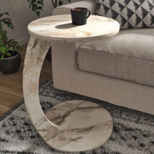 furpinea c shaped end table for couch small places, faux marble white space saver round side table for sofa and bedside with wheels, coffee and snack time tray for living room (white marble)