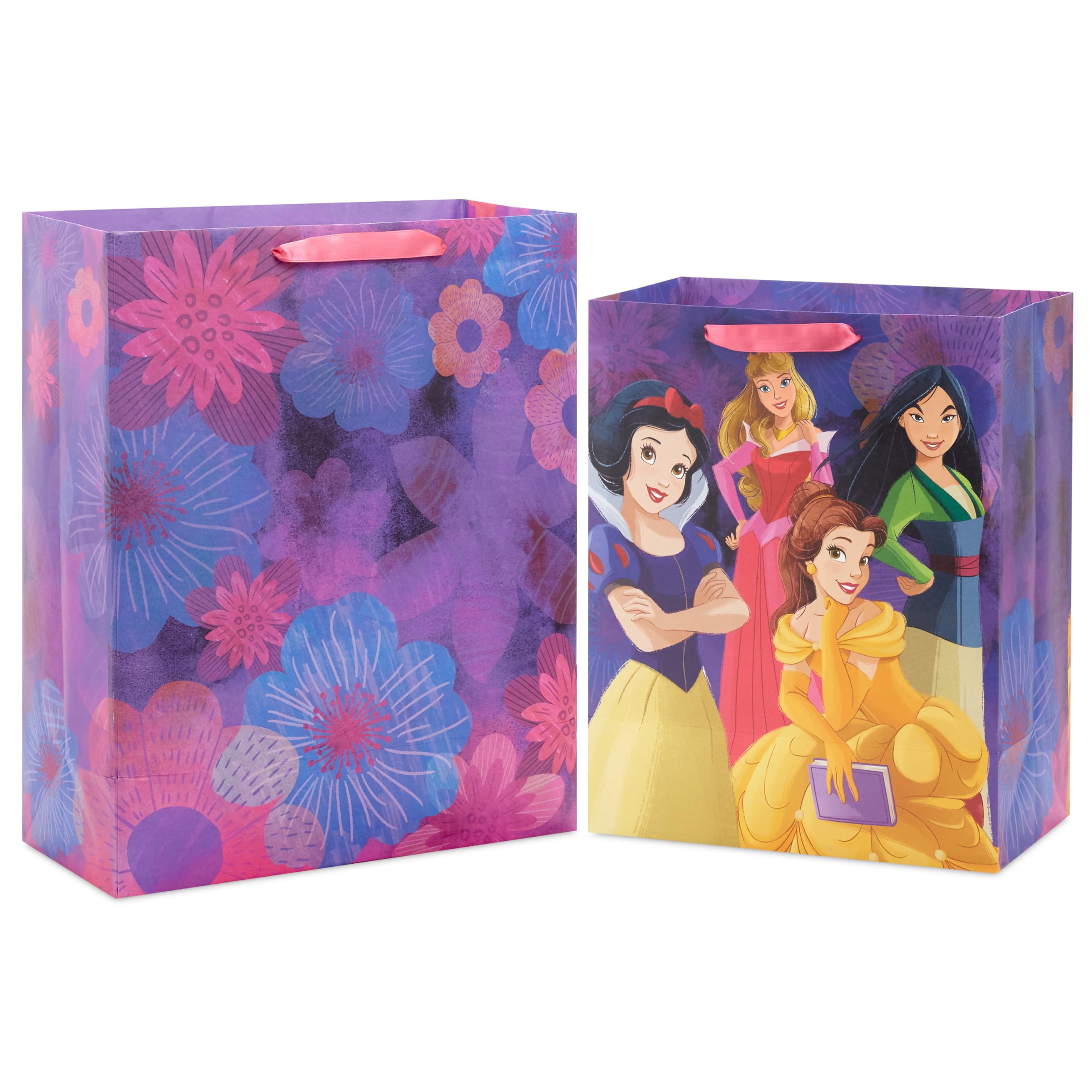 Hallmark Disney Princess Gift Bags (1 Large, 1 Extra Large) Ariel, Tiana, Rapunzel, Moana, Snow White, Belle