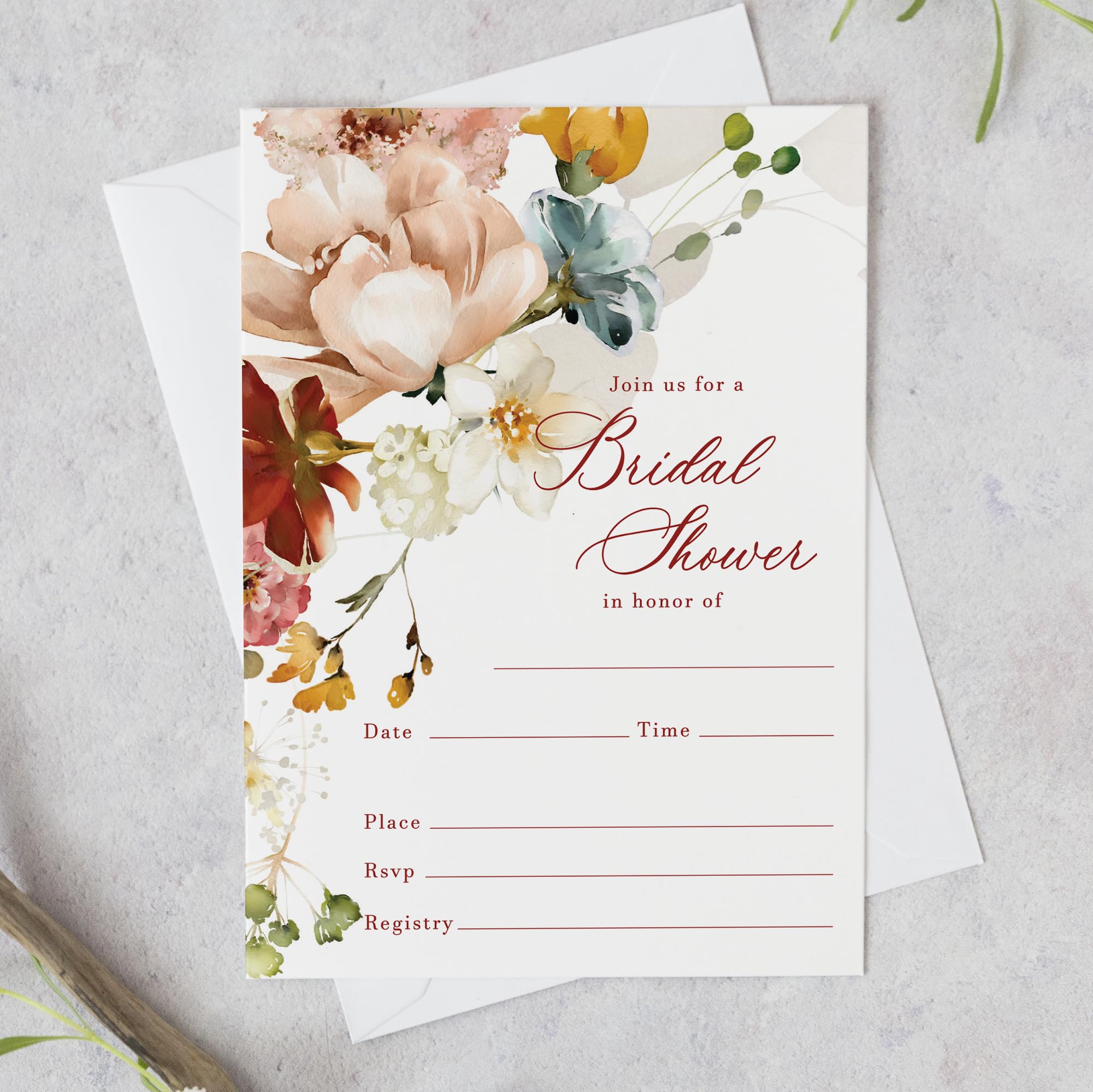 Moonrise Papery Set of 25 Floral Bridal Shower Invitations with Envelopes — Fill-in Style Invites with Envelopes, Greenery Bridal Shower Invitations