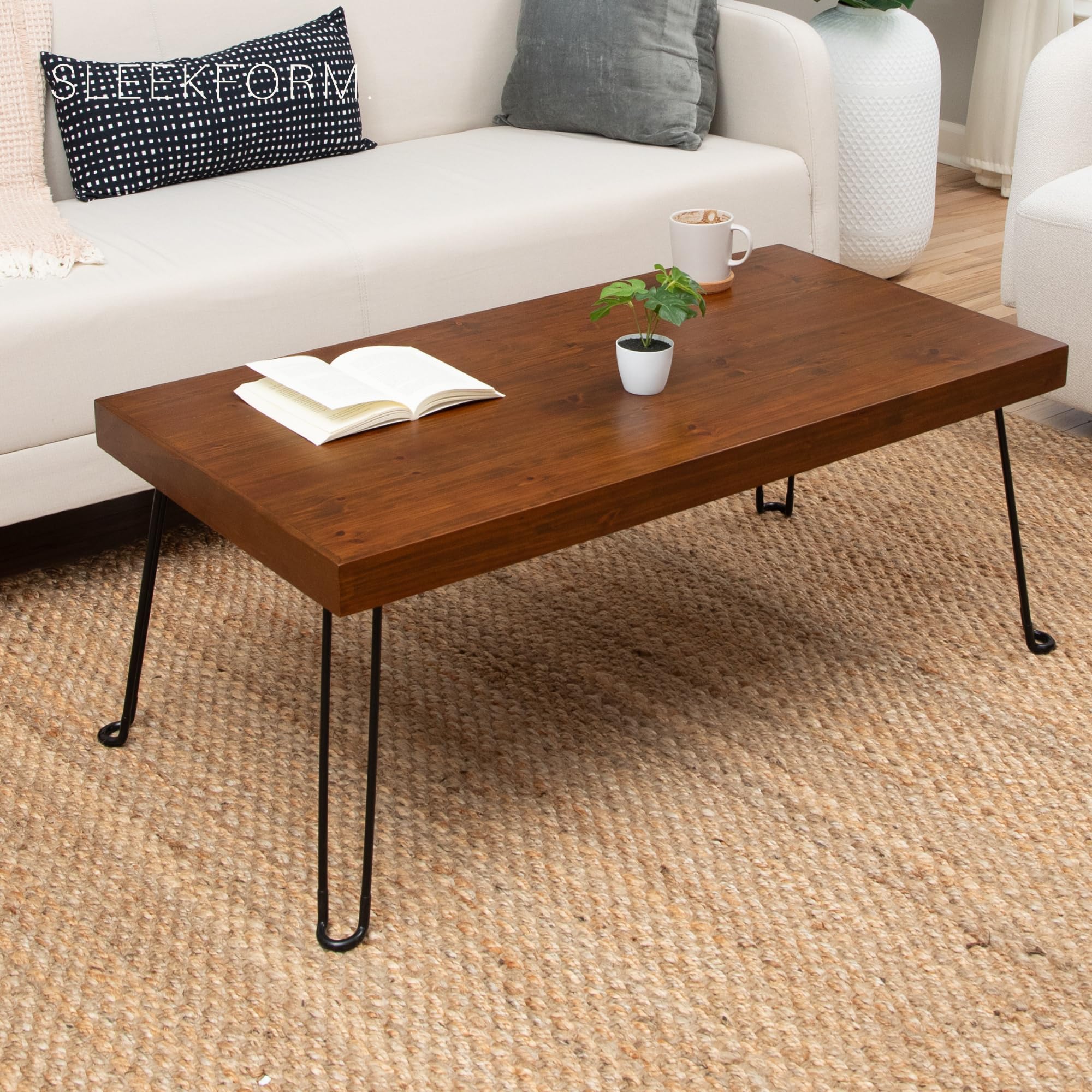 Sleekform Folding Wooden Coffee Table - Collapsible 20x40 Light Wood Mini Desk - Lightweight Foldable Coffee Tables for Small Spaces - Fold Up Hairpin Legs - Walnut Wood Finish