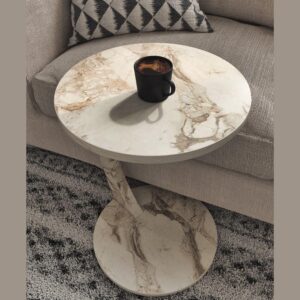 Furpinea C Shaped End Table for Couch Small Places, Faux Marble White Space Saver Round Side Table for Sofa and Bedside with Wheels, Coffee and Snack Time Tray for Living Room (White Marble)