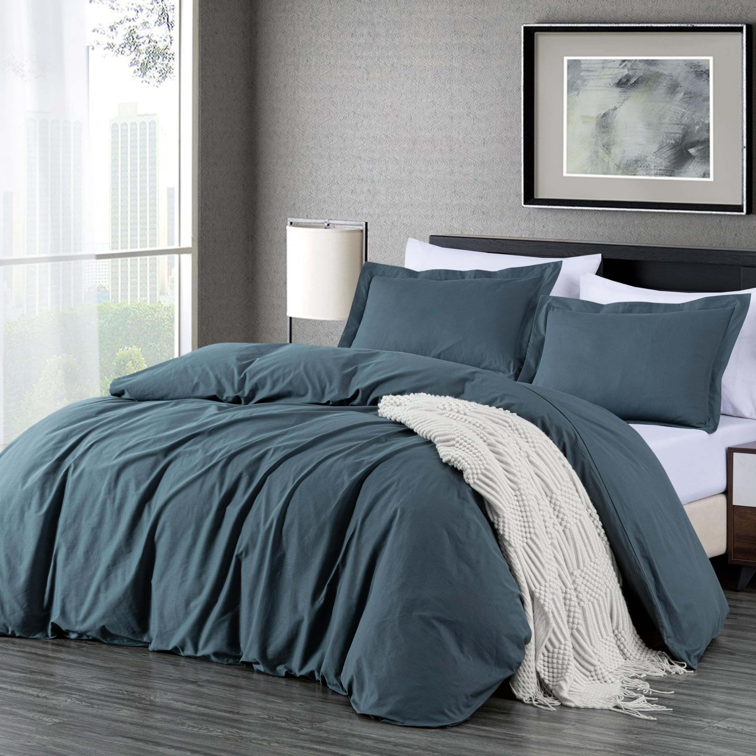 Chezmoi Collection Solid China Blue 100% Cotton Duvet Cover Set Queen Size, 3-Piece Luxury Soft Breathable Smooth Cooling 250TC Cotton Twill Comforter Cover with Button Closure