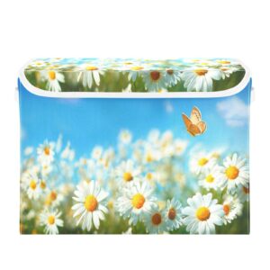 DIGTIA Storage Bins with Lids Daisies Flowers Butterfly Foldable Storage Boxes with Handles Spring Summer Landscape Large Storage Basket Collapsible Organizer Containers for Closet Home Bedroom Offi