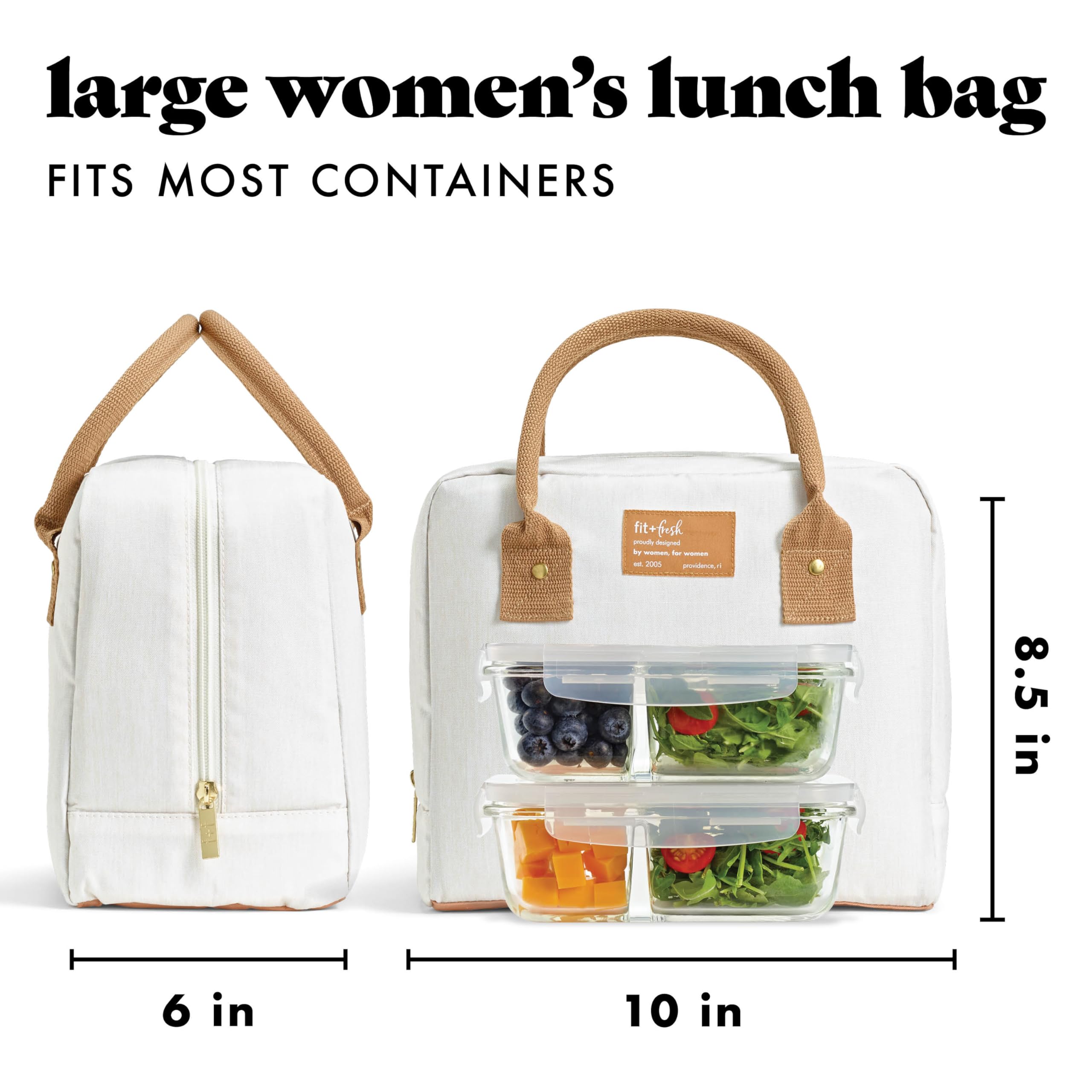 Fit & Fresh Lunch Bag For Women, Insulated Womens Lunch Bag For Work, Leakproof & Stain-Resistant Large Lunch Box For Women With Containers, Zipper Closure Bloomington Lunch Bag, Ivory Woven