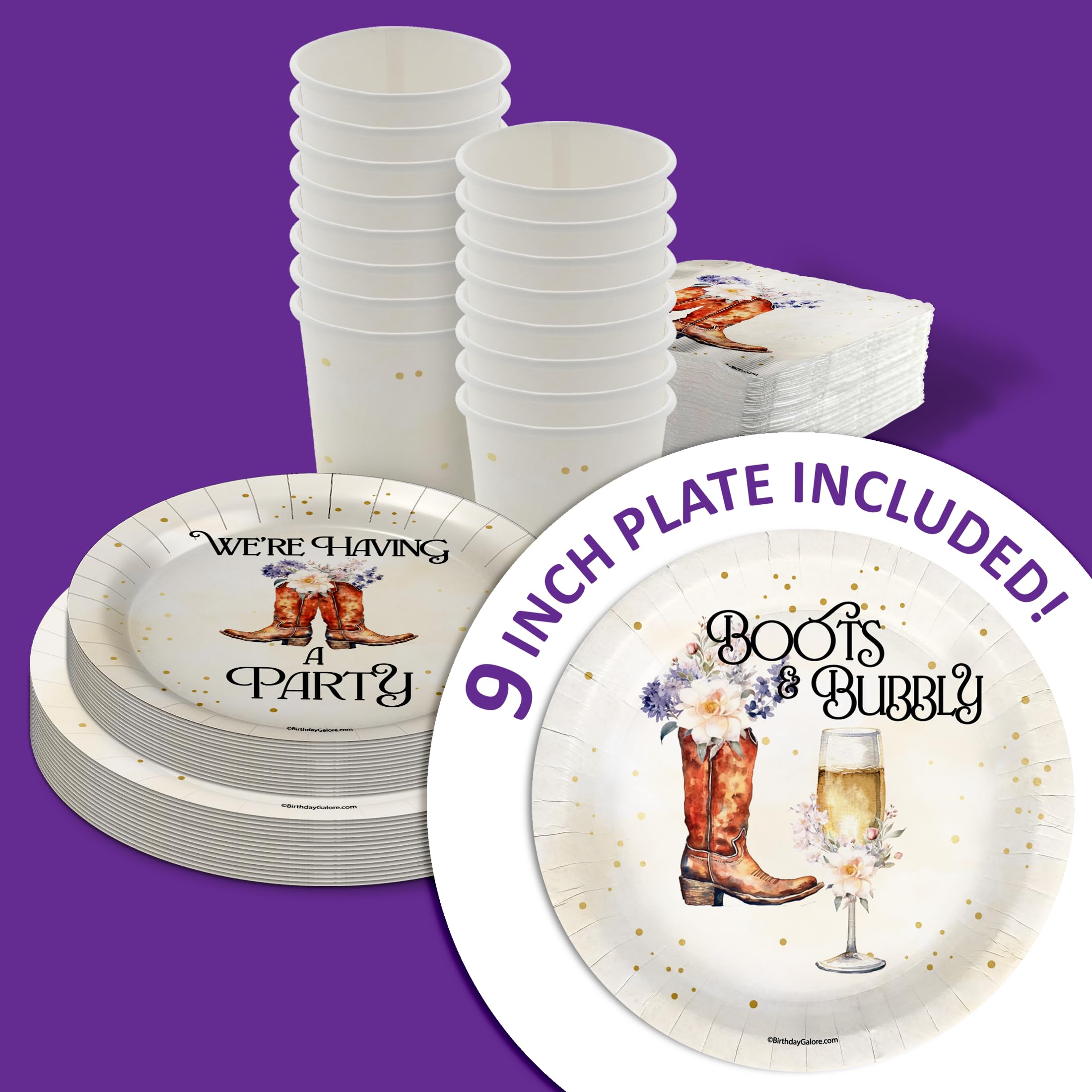 Birthday Galore Boot and Bubbly Bridal Shower Party Supplies 64 Piece Tableware Set Includes Large 9" Paper Plates Dessert Plates, Cups and Napkins Kit for 16