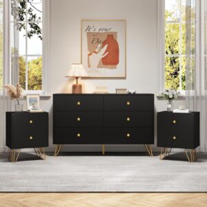 Tradare Black Dresser for Bedroom, 6 Drawer Dresser with Golden Handles, Large Storage Cabinet, Modern Chest of Drawers Organizer Storage for Hallyway, Entryway