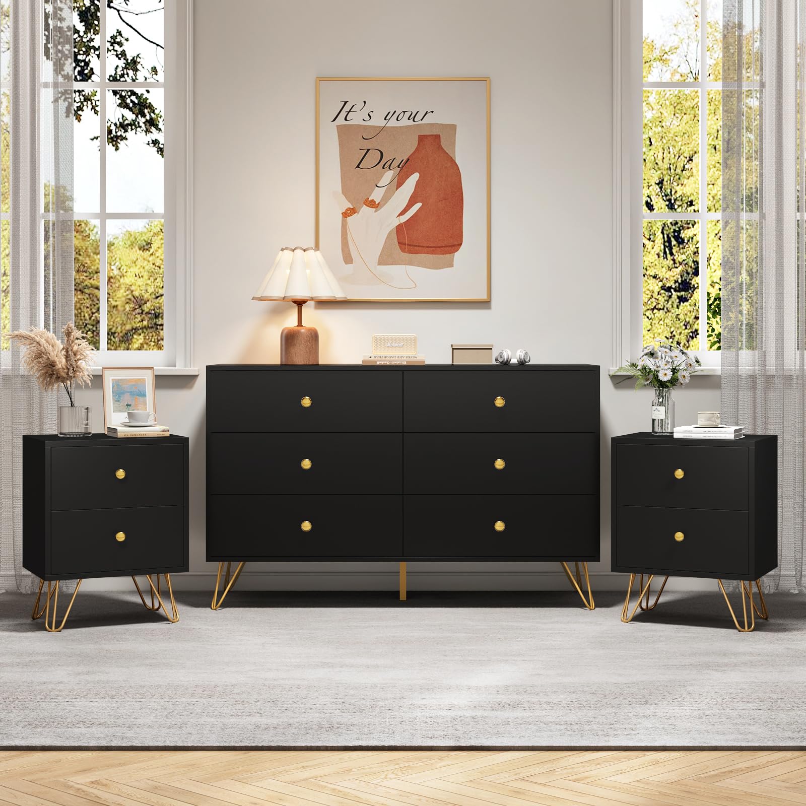 Tradare Black Dresser for Bedroom, 6 Drawer Dresser with Golden Handles, Large Storage Cabinet, Modern Chest of Drawers Organizer Storage for Hallyway, Entryway