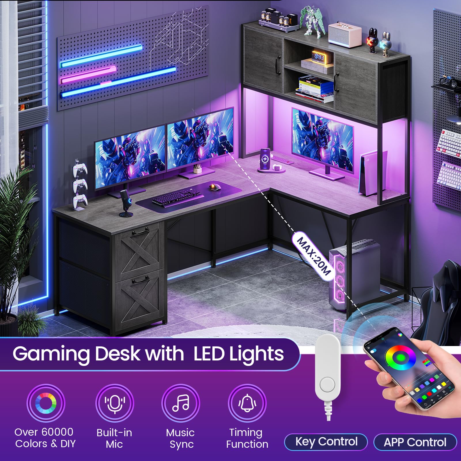 SEDETA L Shaped Gaming Desk, Reversible Computer Desk with Fabric Drawers and Power Outlet, Gaming Desk with Led Lights, Hutch and Storage Shelf for Home Office, Grey