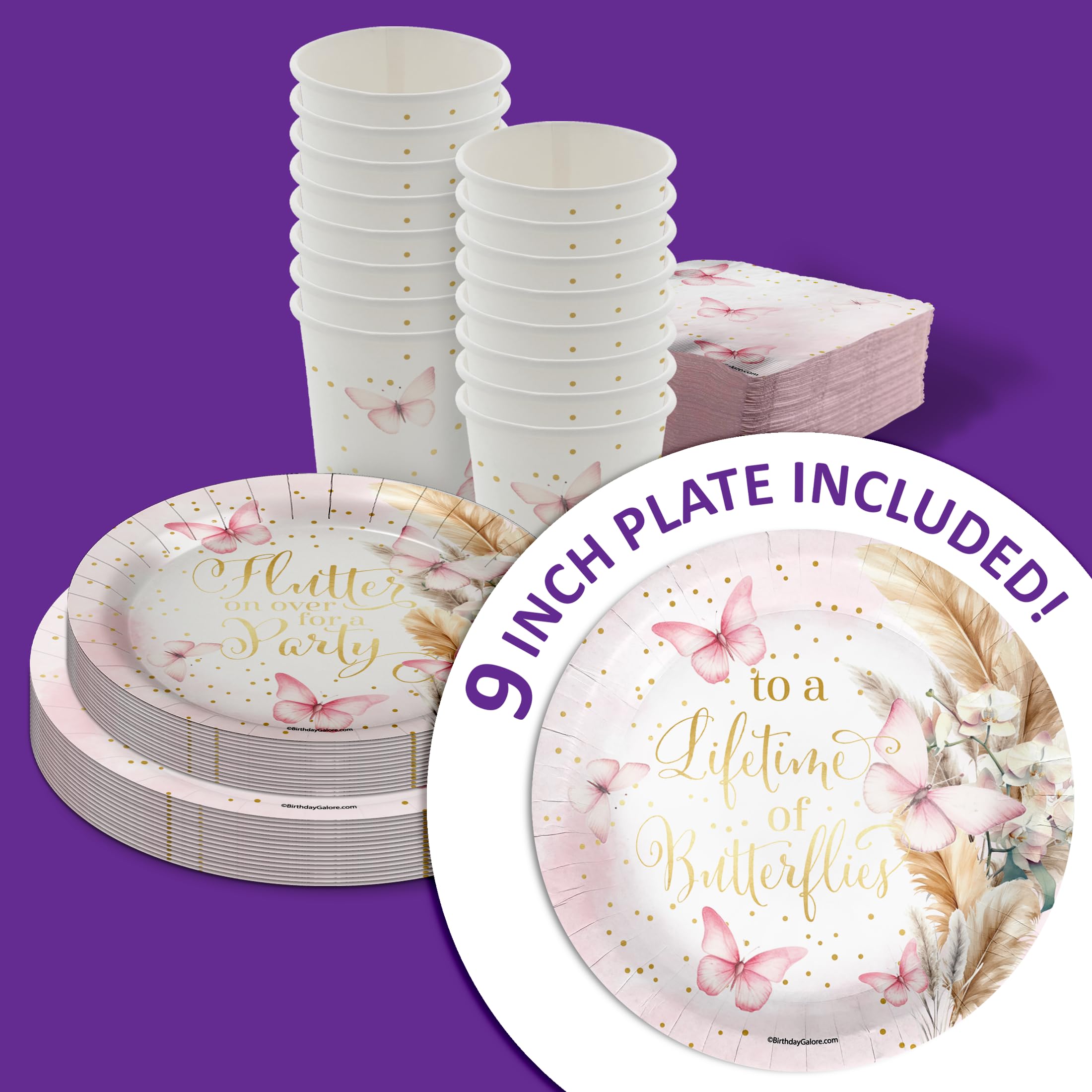 Butterfly Bridal Shower Party Supplies 64 Piece Tableware Set Includes Large 9" Paper Plates Dessert Plates, Cups and Napkins Kit for 16