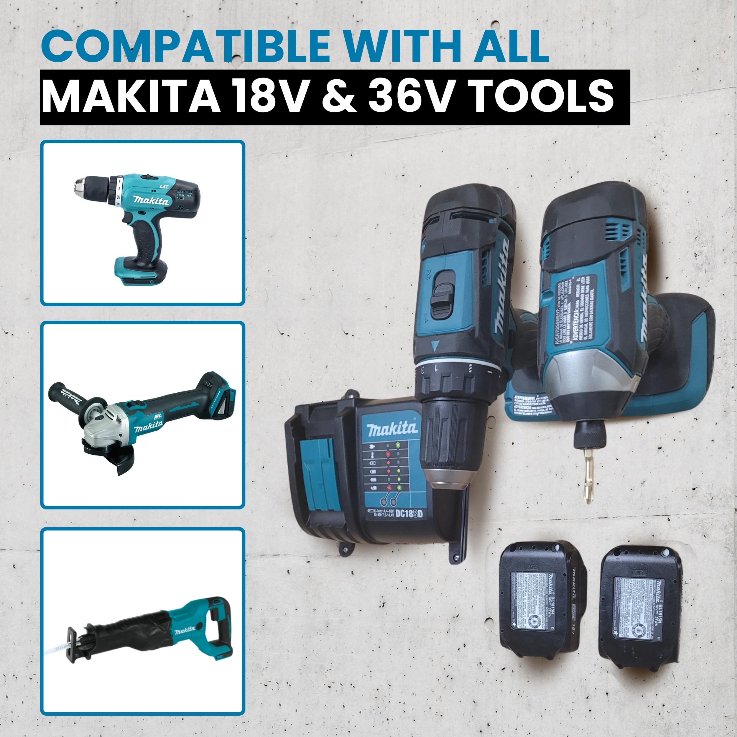 COMMANDER TOOL & GARAGE ORGANIZATION - 10 Pack Tool Holders/Wall Mounts/Hanger Clips Tool Organizer for Garage, Workshop & Shelves, Tool Storage Holder Compatible with Makita 18v LXT & 36v LXT Tools