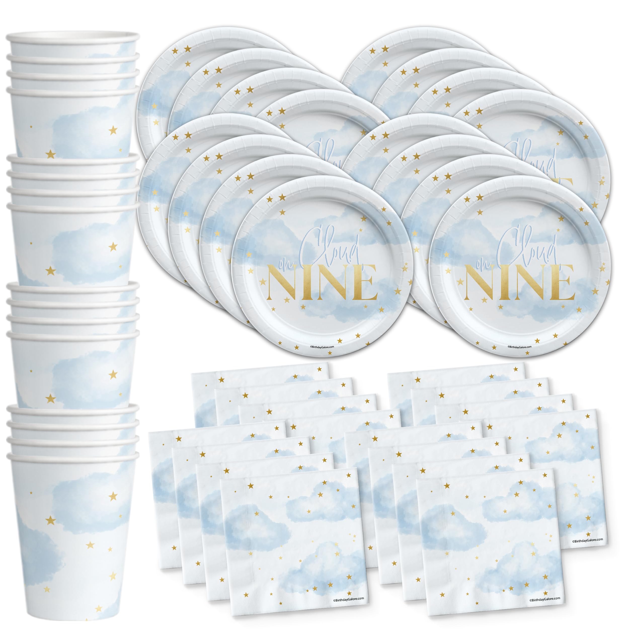 On Cloud Nine Birthday Party Supplies - Bridal Shower Tableware Set Includes Plates Napkins Cups - Kit for 16