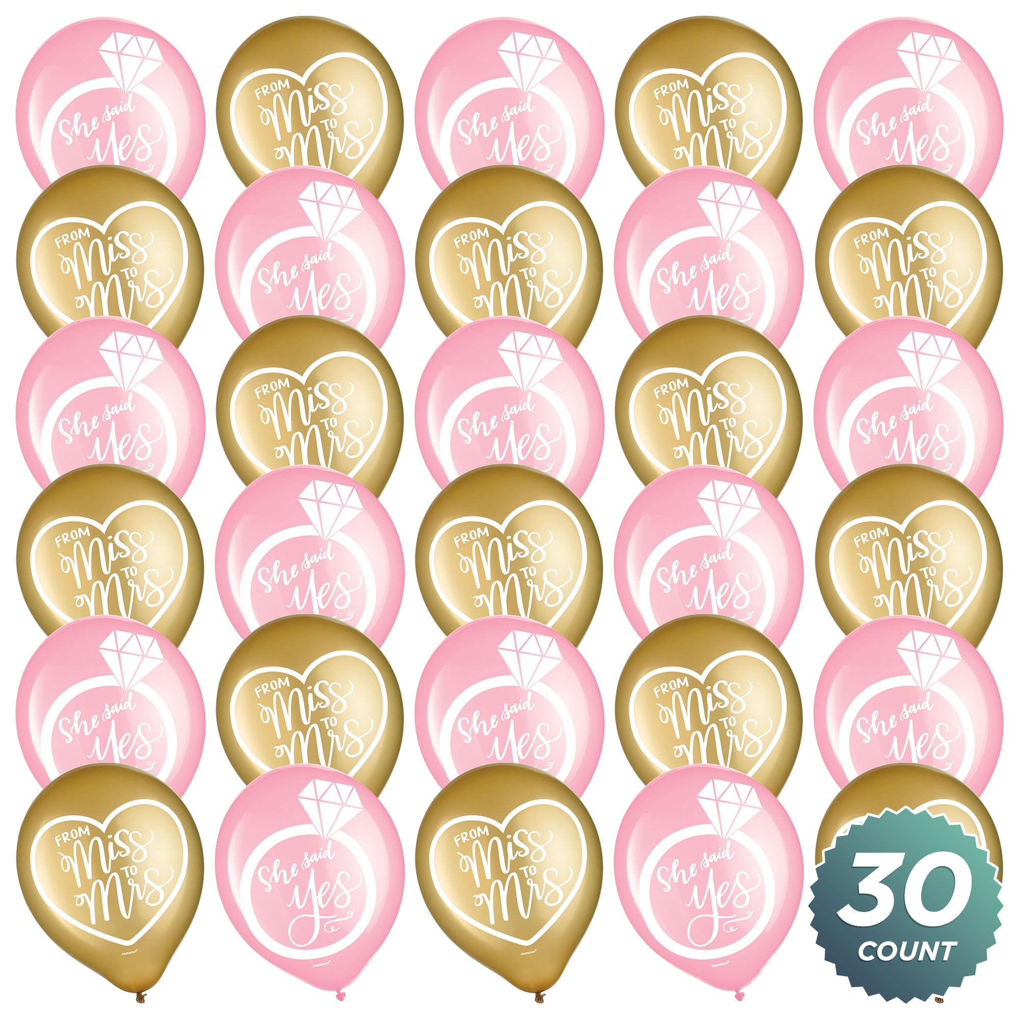 Bridal Party Supplies - Miss To Mrs. Latex Balloon Wedding and Bridal Shower Decorations in Pink and Gold, 30 Count