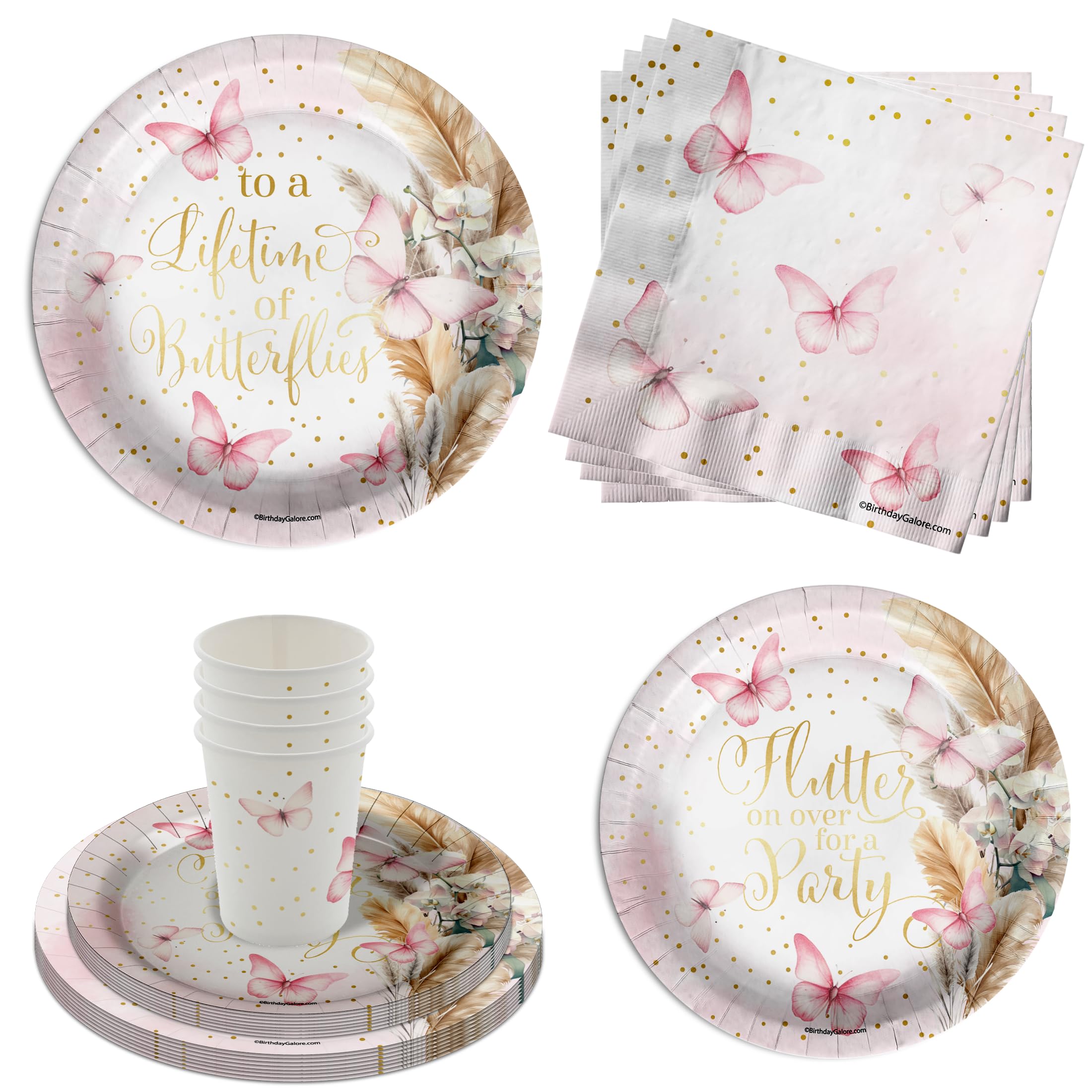 Butterfly Bridal Shower Party Supplies 64 Piece Tableware Set Includes Large 9" Paper Plates Dessert Plates, Cups and Napkins Kit for 16