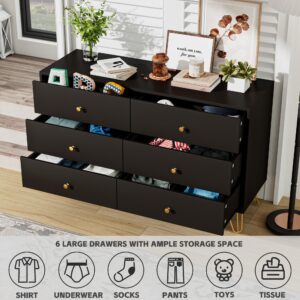 Tradare Black Dresser for Bedroom, 6 Drawer Dresser with Golden Handles, Large Storage Cabinet, Modern Chest of Drawers Organizer Storage for Hallyway, Entryway