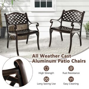 Giantex Cast Aluminum Patio Chairs Set of 2, All Weather Outdoor Dining Chairs w/Armrests and Curved Seats, Heavy Duty Metal Bistro Chairs for Porch, Garden, Poolside, Backyard, Bronze (Classic, 1)