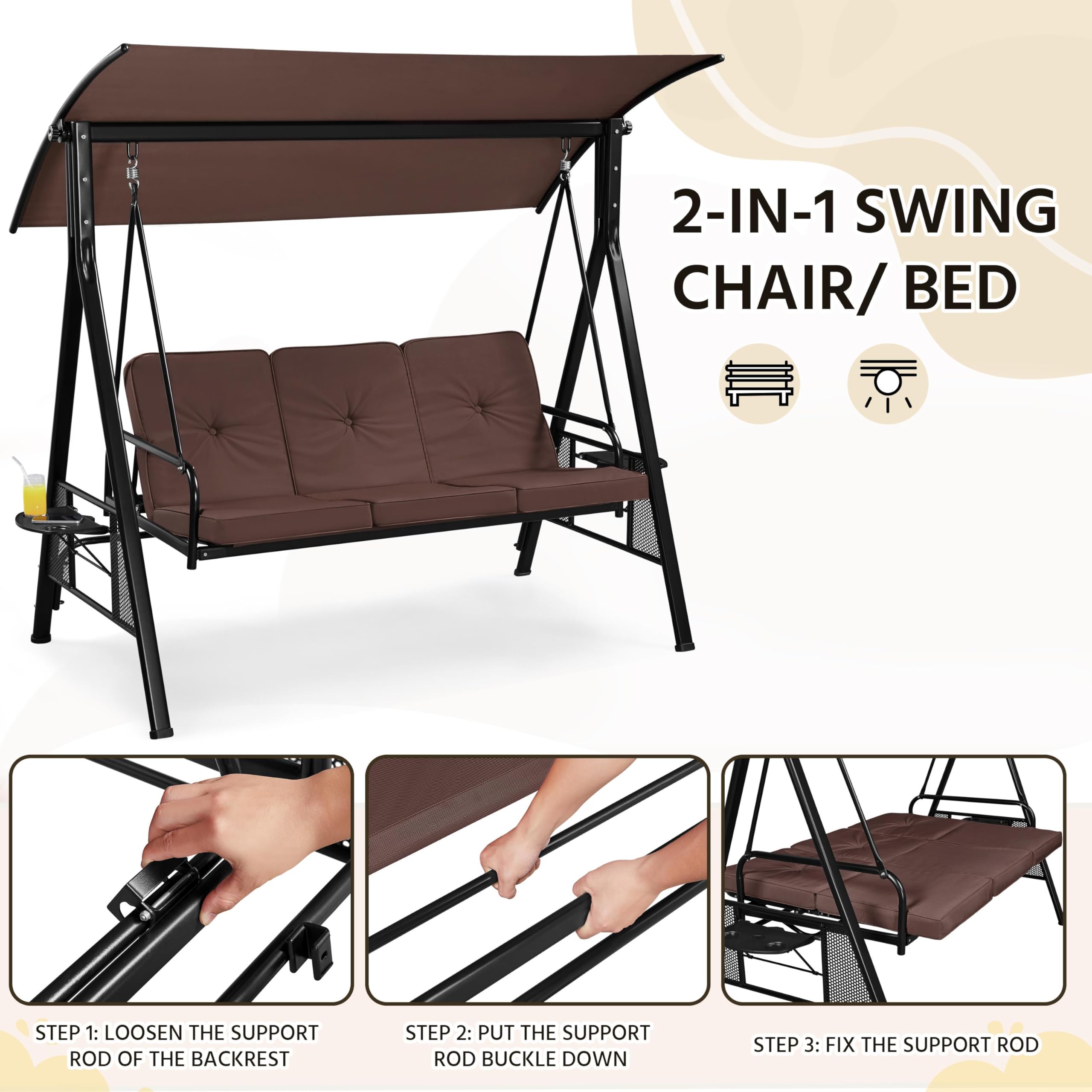 Yaheetech 3-Seat Outdoor Patio Swing Chair, Deluxe Outdoor Patio Porch Swing with Weather Resistant Steel Frame, Adjustable Tilt Canopy for Patio Garden Poolside Balcony Backyard, Dark Brown