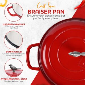 3.5 Qt Enameled Cast Iron Braiser Pan with Lid - With Customizable Knobs & Silicone Heat Grippers - Dutch Oven Cast Iron for Stir Fry & Baking - Braising Pan with Lid Oven Safe Upto 500F