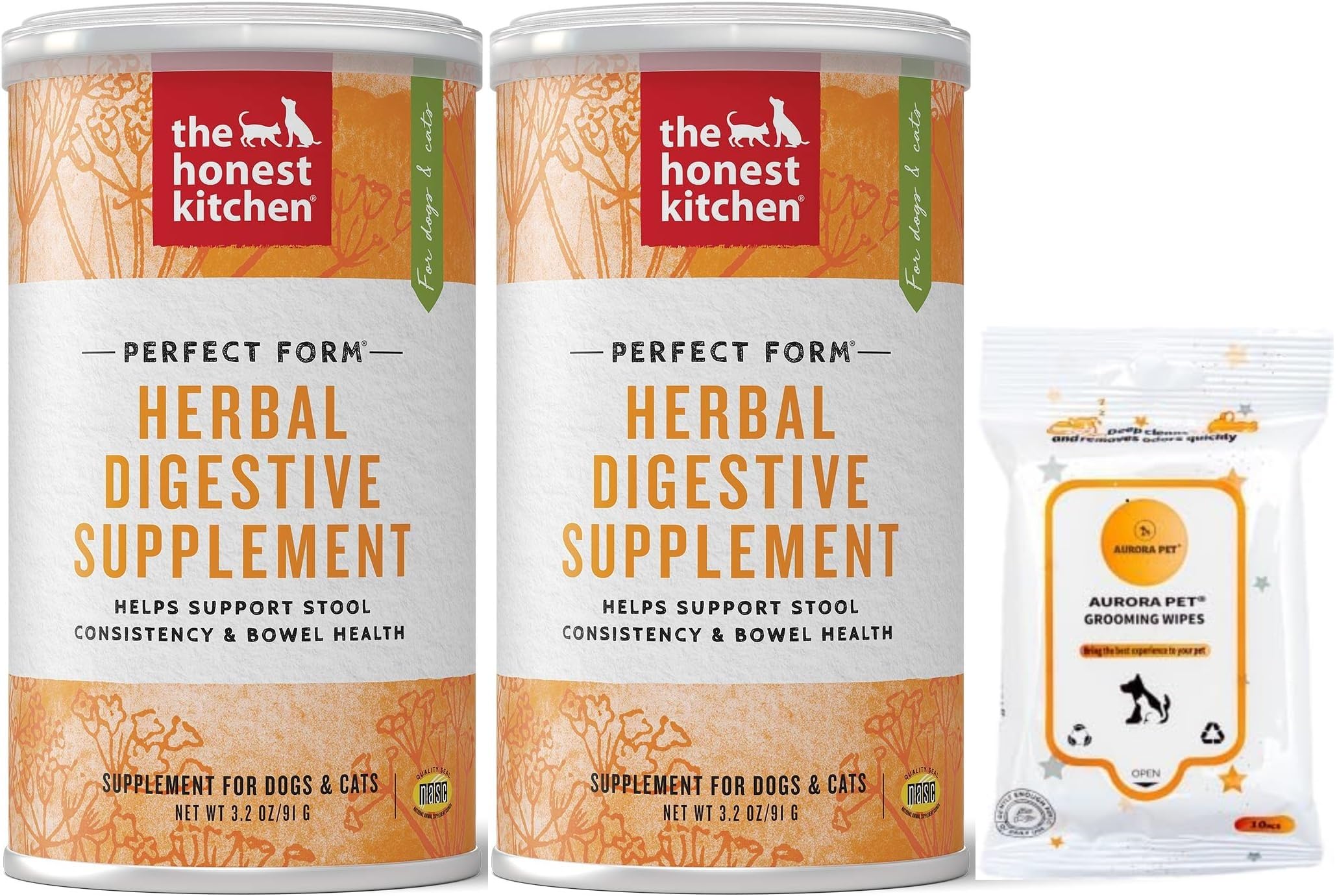 Aurora Pet Bundle Pack (2) The Honest Kitchen Perfect Form Herbal Digestive Dog & Cat Supplement, (3.2-oz Each) with AuroraPet Wipes