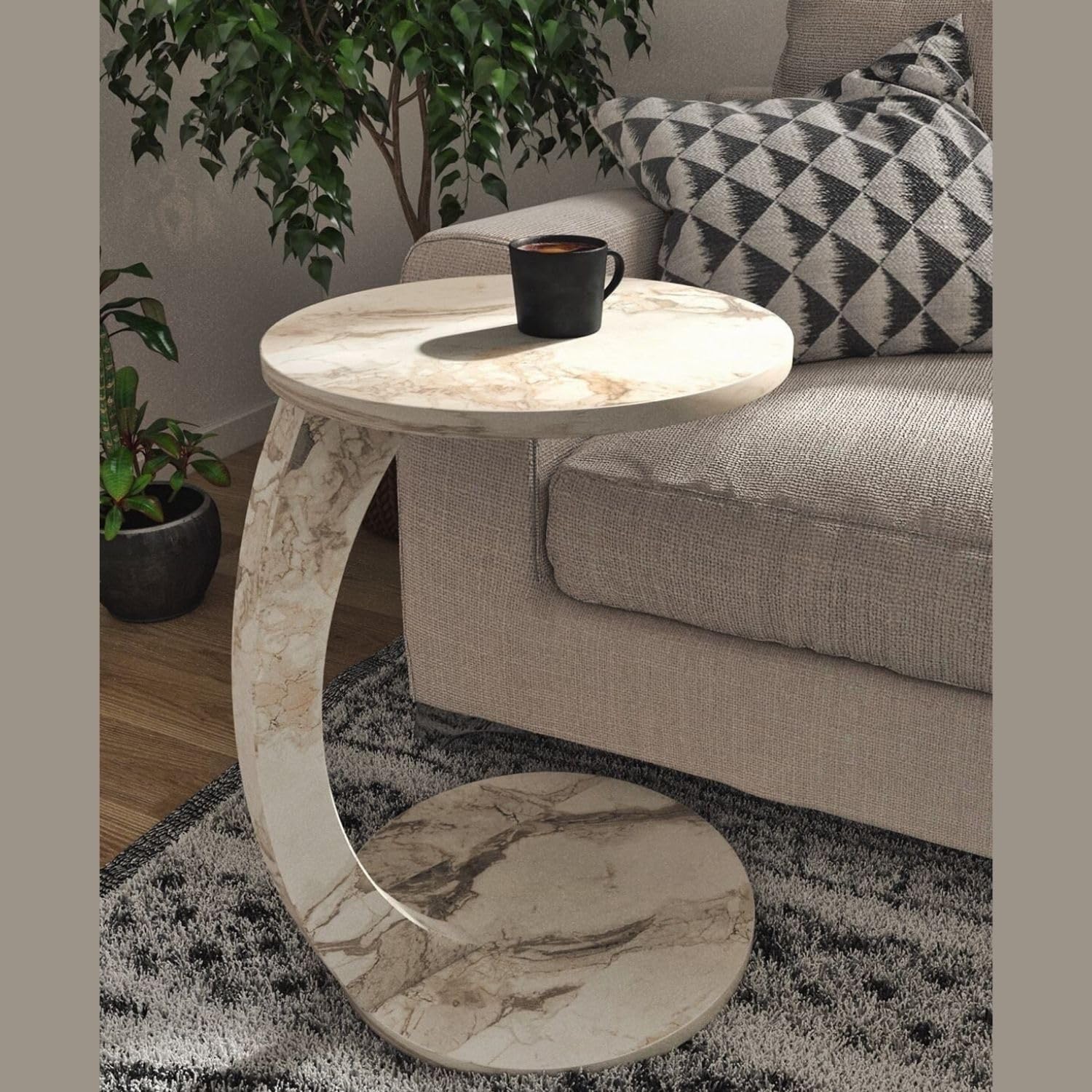 Furpinea C Shaped End Table for Couch Small Places, Faux Marble White Space Saver Round Side Table for Sofa and Bedside with Wheels, Coffee and Snack Time Tray for Living Room (White Marble)