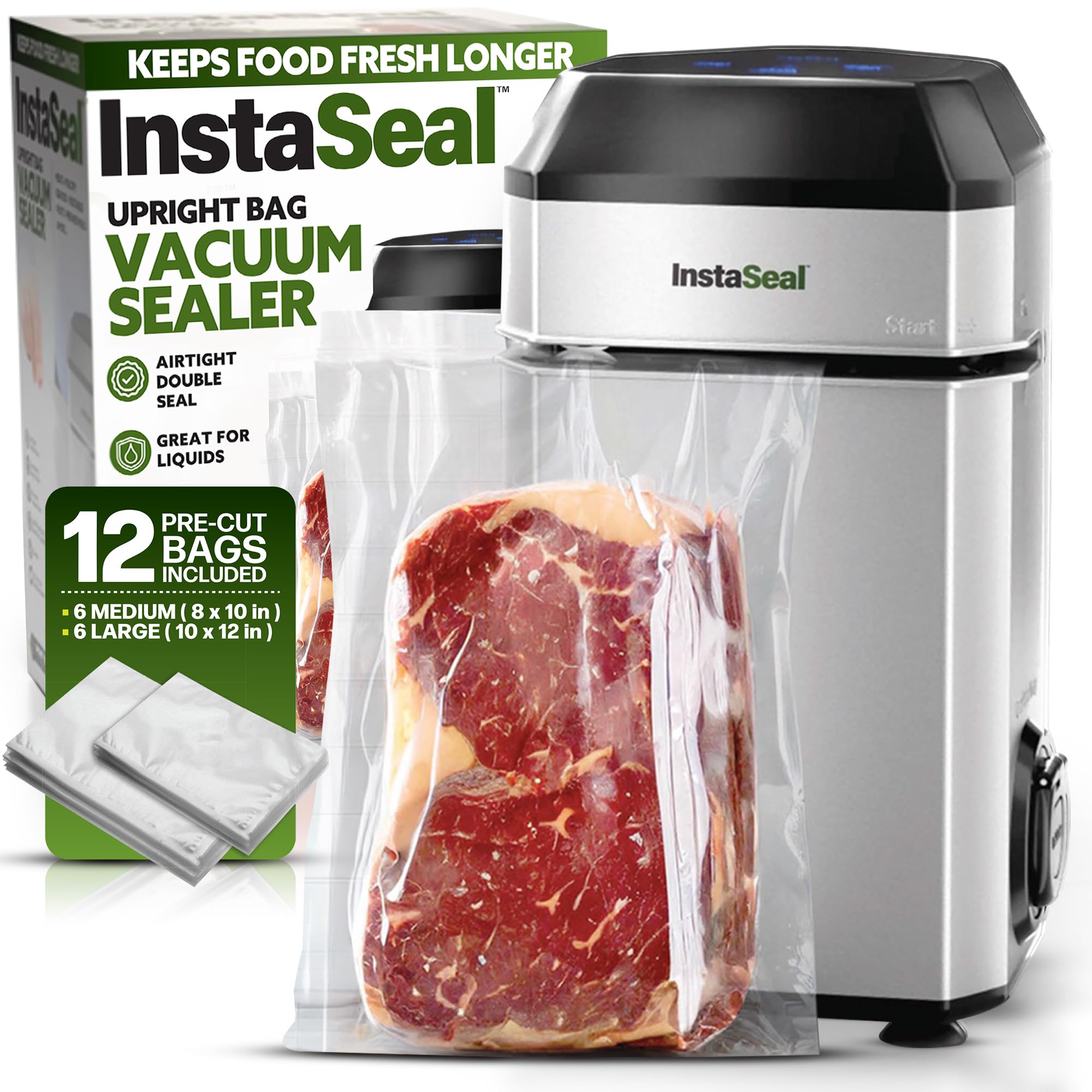 InstaSeal Food Vacuum Sealer Machine with 12 Bags, Patented Upright Food Saver Vacuum Sealer Machine Allows to Vacuum Seal Liquids, Food Sealer Vacuum Sealer for Food Saves & Keeps Food Fresh Longer