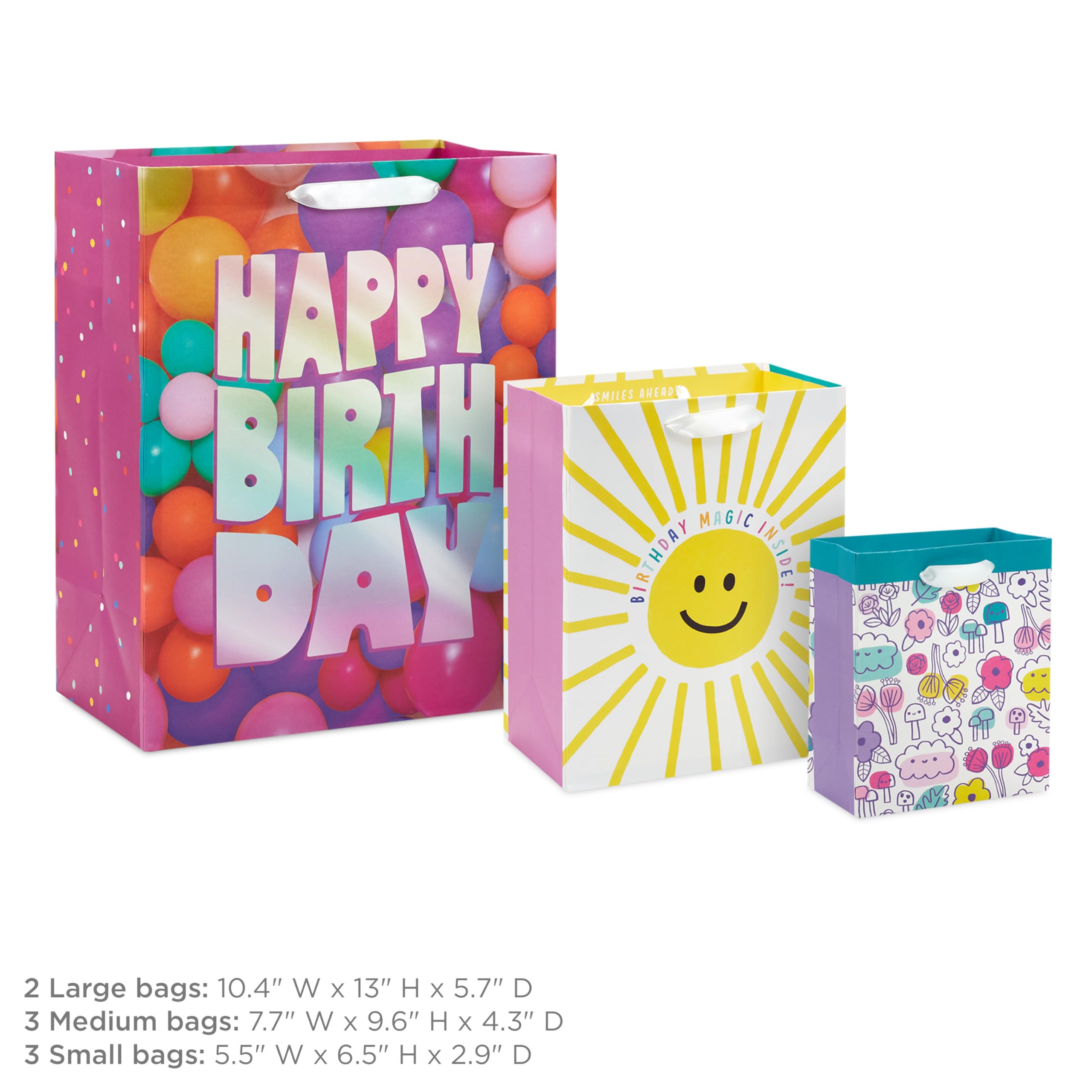 Hallmark Assorted Birthday Gift Bags (8 Bags: 3 Small 6", 3 Medium 9", 2 Large 13") Smiling Sun, Balloons, Cute Flowers and Plants