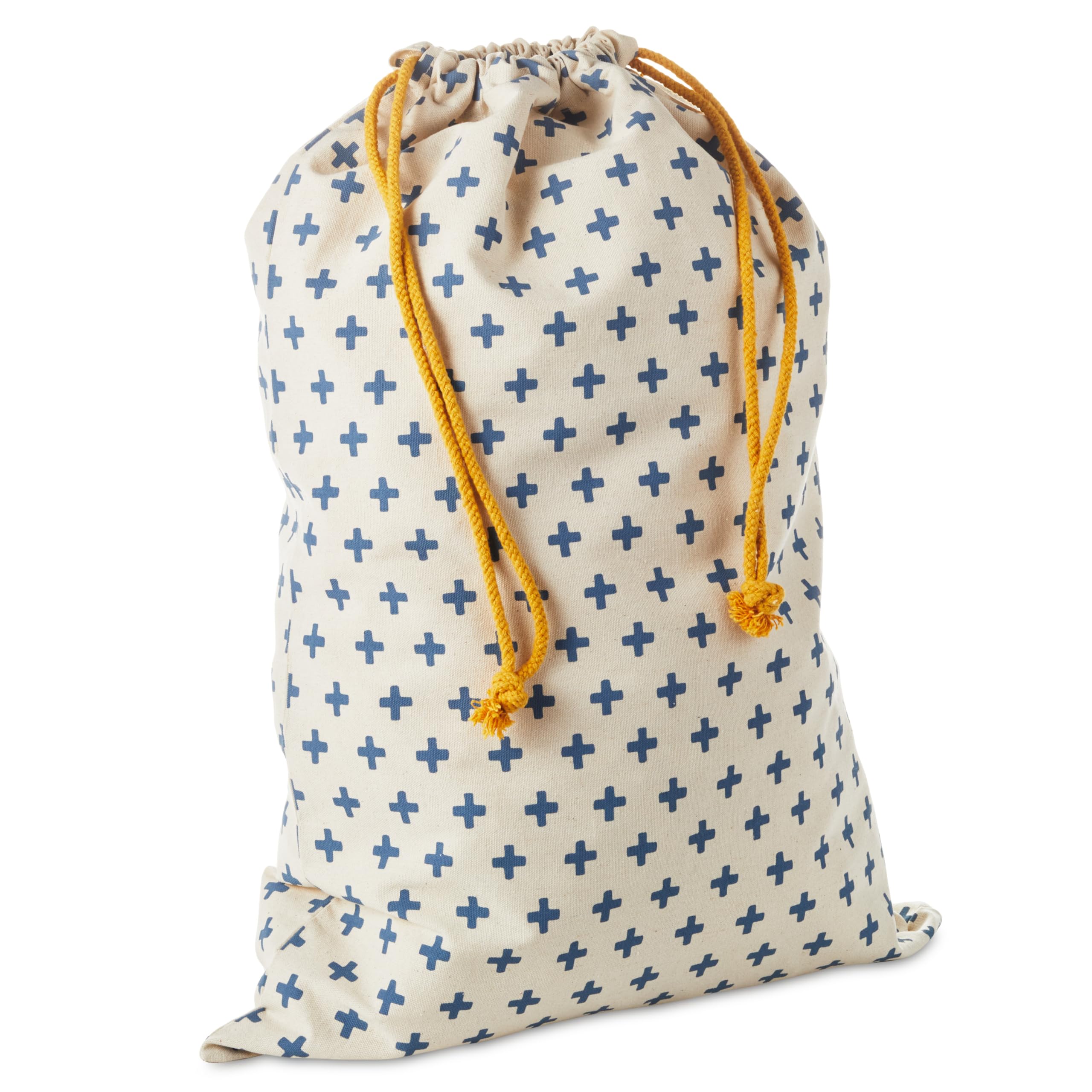 Hallmark 19" Large Canvas Bag with Yellow Drawstring (Ivory and Blue) for Birthdays, Baby Showers, Father's Day