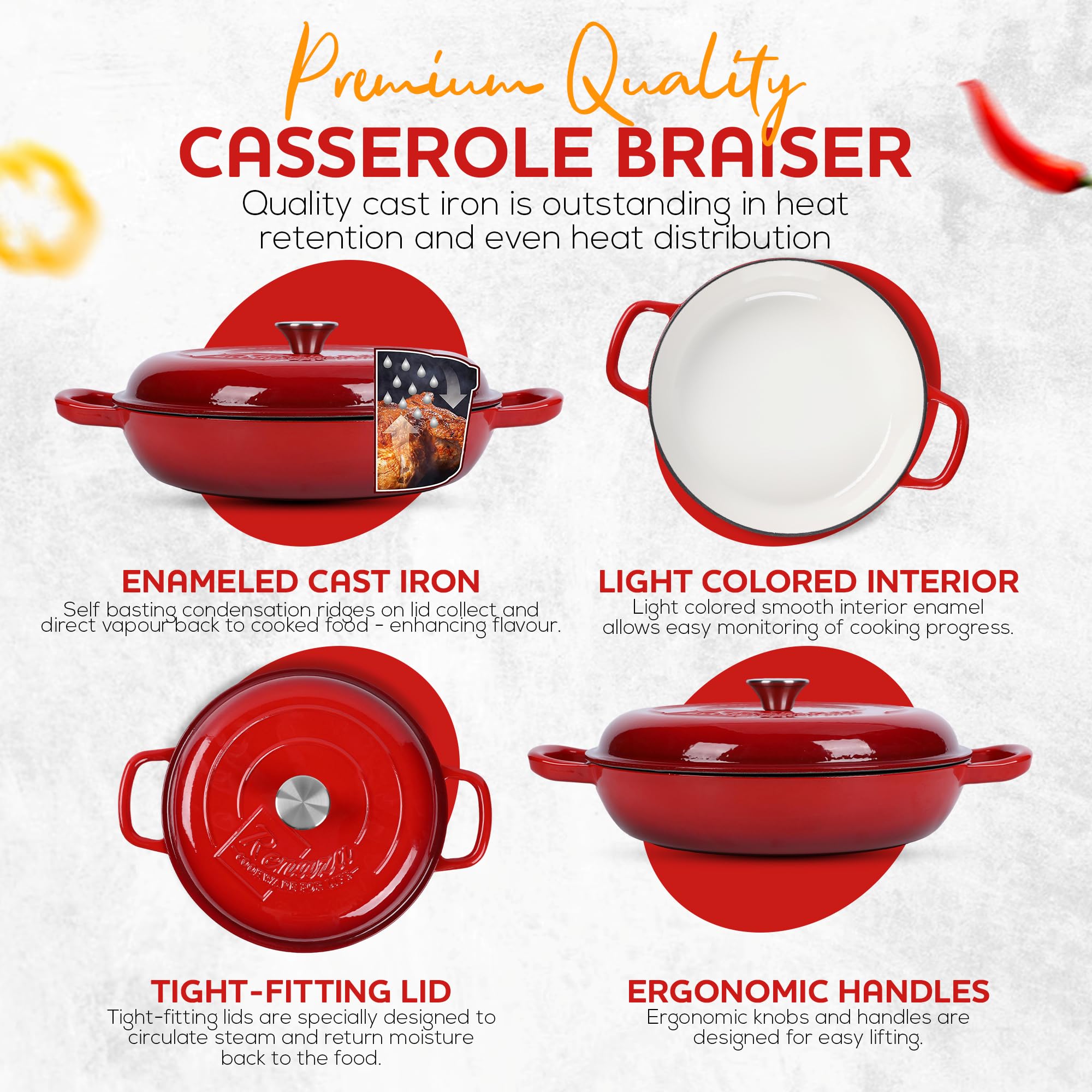 3.5 Qt Enameled Cast Iron Braiser Pan with Lid - With Customizable Knobs & Silicone Heat Grippers - Dutch Oven Cast Iron for Stir Fry & Baking - Braising Pan with Lid Oven Safe Upto 500F