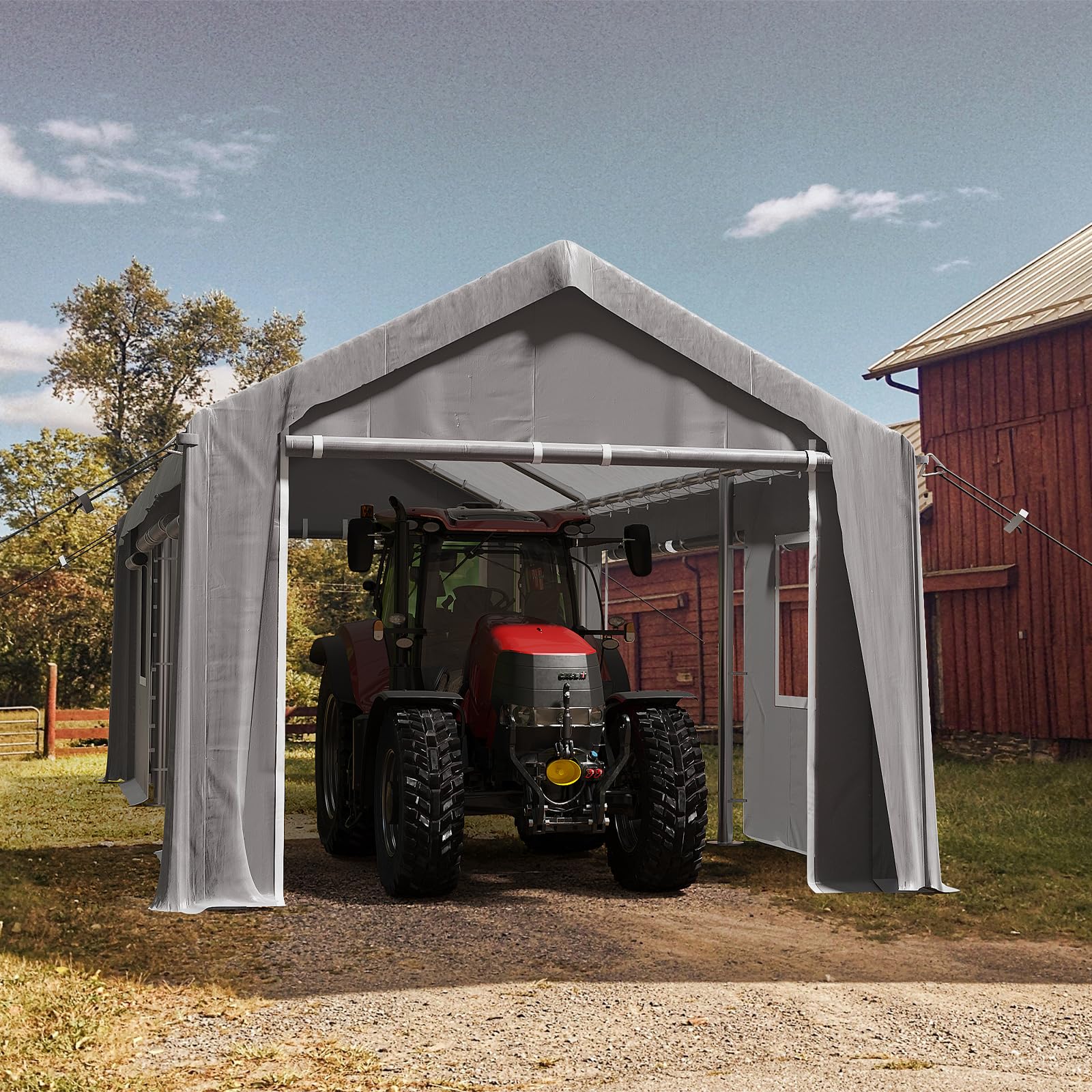 12'x20'Heavy Duty Carport Canopy Portable Garage 4 Roll-up Doors & 4 Windows All-Season Tarp for Car Truck Boat Storage, Gray