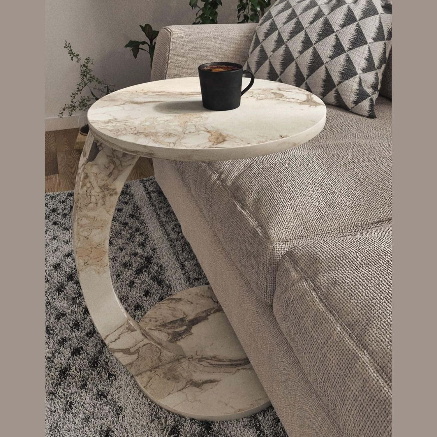 Furpinea C Shaped End Table for Couch Small Places, Faux Marble White Space Saver Round Side Table for Sofa and Bedside with Wheels, Coffee and Snack Time Tray for Living Room (White Marble)