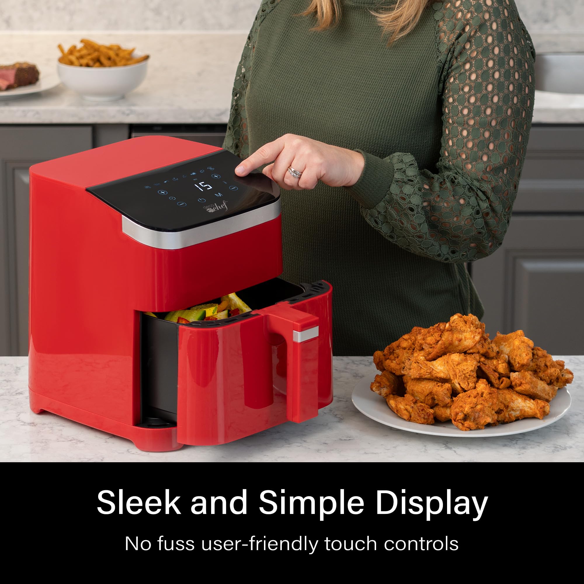 Deco Chef 5.8QT Air Fryer, 8-in-1 Smart Cooking Programs, Nonstick and Dishwasher-Safe Basket, Red