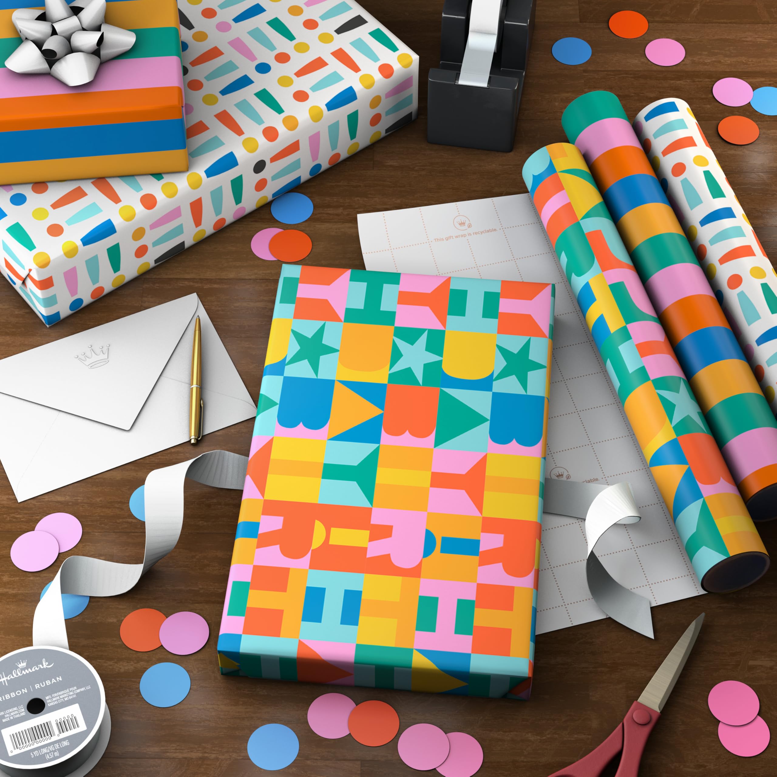 Hallmark Birthday Wrapping Paper Mini Rolls, 3-Pack (Rainbow Block Letters, Stripes, Exclamation Points) for Birthdays, Graduations, Celebrations, Any Occasion - 45 Sq. Ft. Total